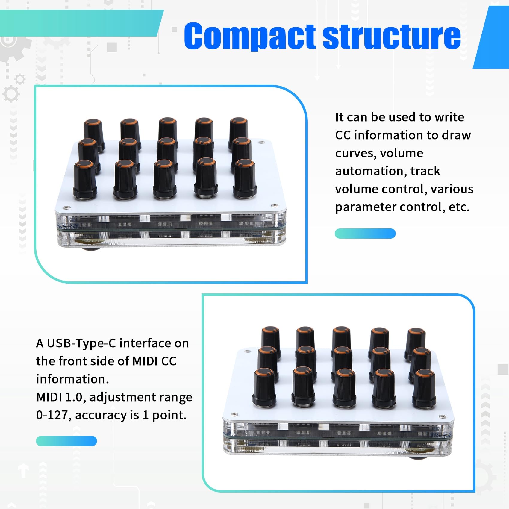 15 Manopole, Informazioni CC Personalizzate, Volume Interfaccia USB-C, Software Host Musicale, Controller MIDI, Controller MIDI CC