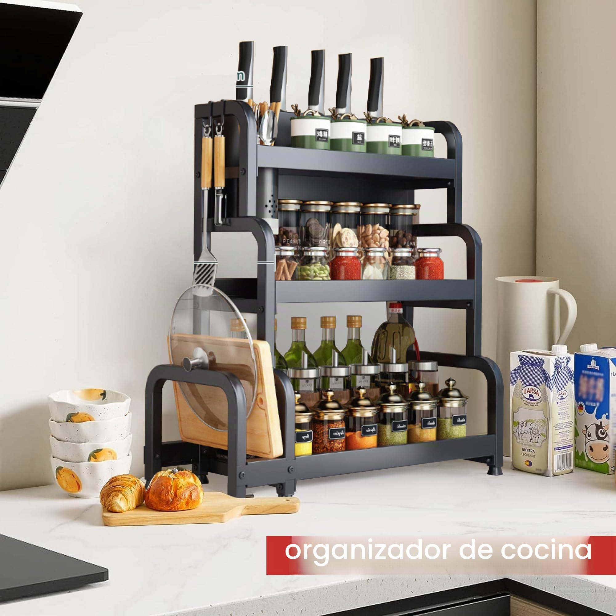 MAGIC SELECT Organizador de Especias. Especiero para la Cocina de 3 Niveles. Estante de Condimentos, Almacenamiento de Botes, Hierbas y Vajilla para la Despensa. Acero al Carbono.