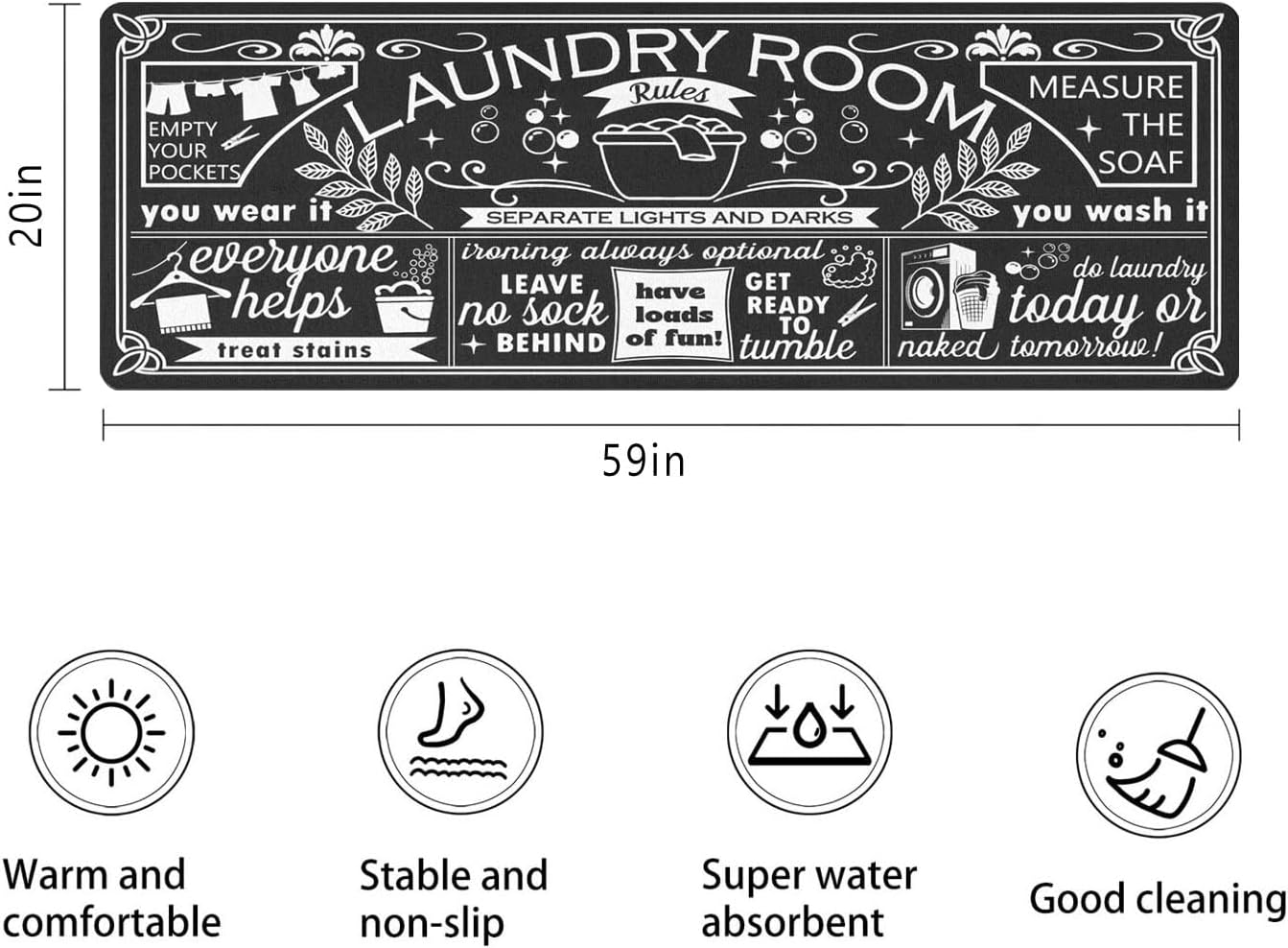 Laundry Room Rules Rug - Farmhouse Kitchen Floor Mat -Laundry Room Rug- Runner Decor -Washable Floor Carpet for Washroom Mudroom Kitchen Bathroom Hallway-20 x 59
