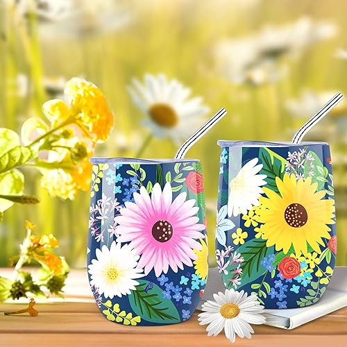 Miniatura 2 de NymphFable Vaso de vino de flores de 12 onzas con popote y tapa, vaso de vino de acero inoxidable, taza de viaje aislada de doble pared