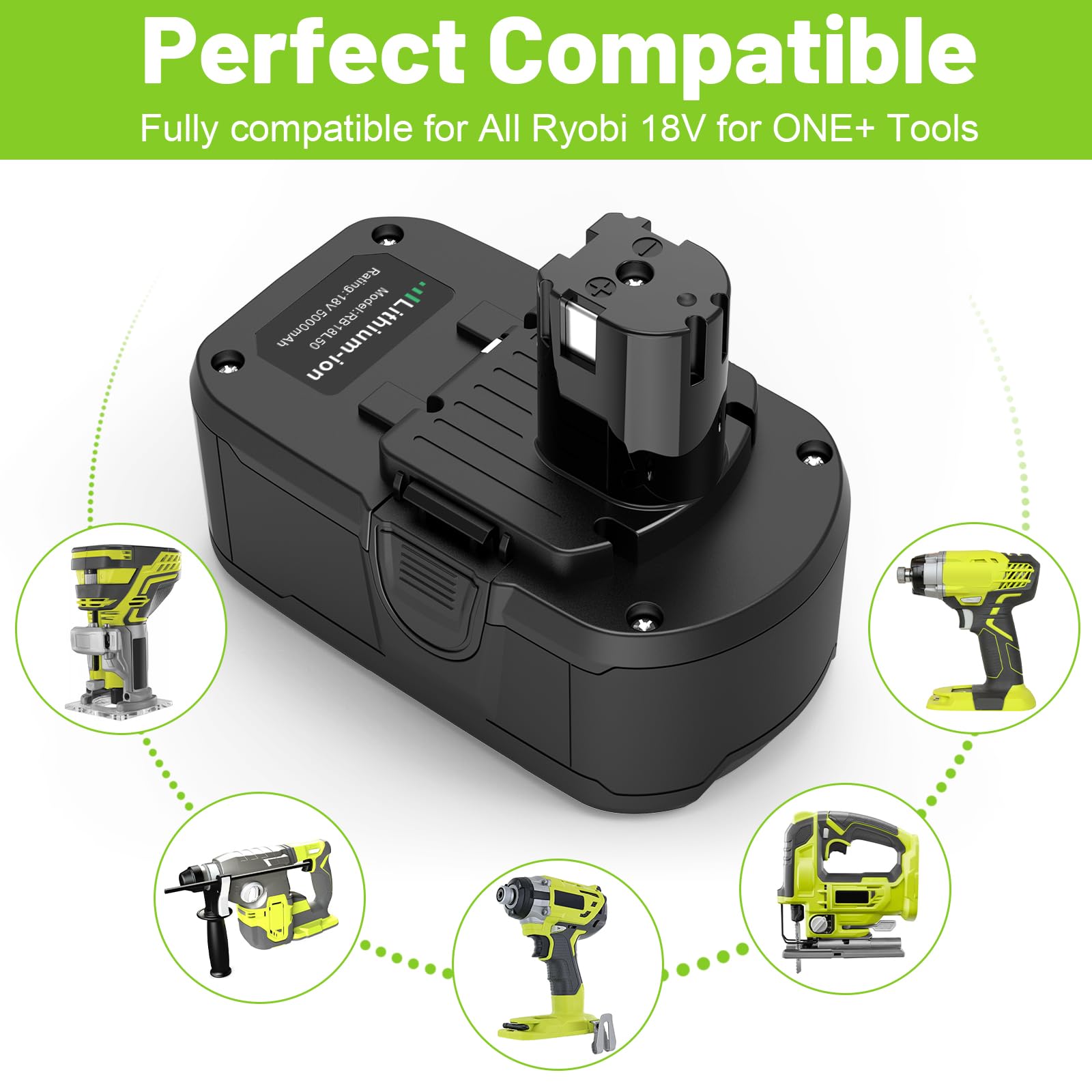 LabTEC 2 Paquetes Batería de Repuesto para Ryobi BPL-1815 BPL-1820G BPL1820 BPL18151 P102 P103 Batería Inalámbrica para Herramienta Eléctrica con luz Indicadora(18V, 5000mAh)