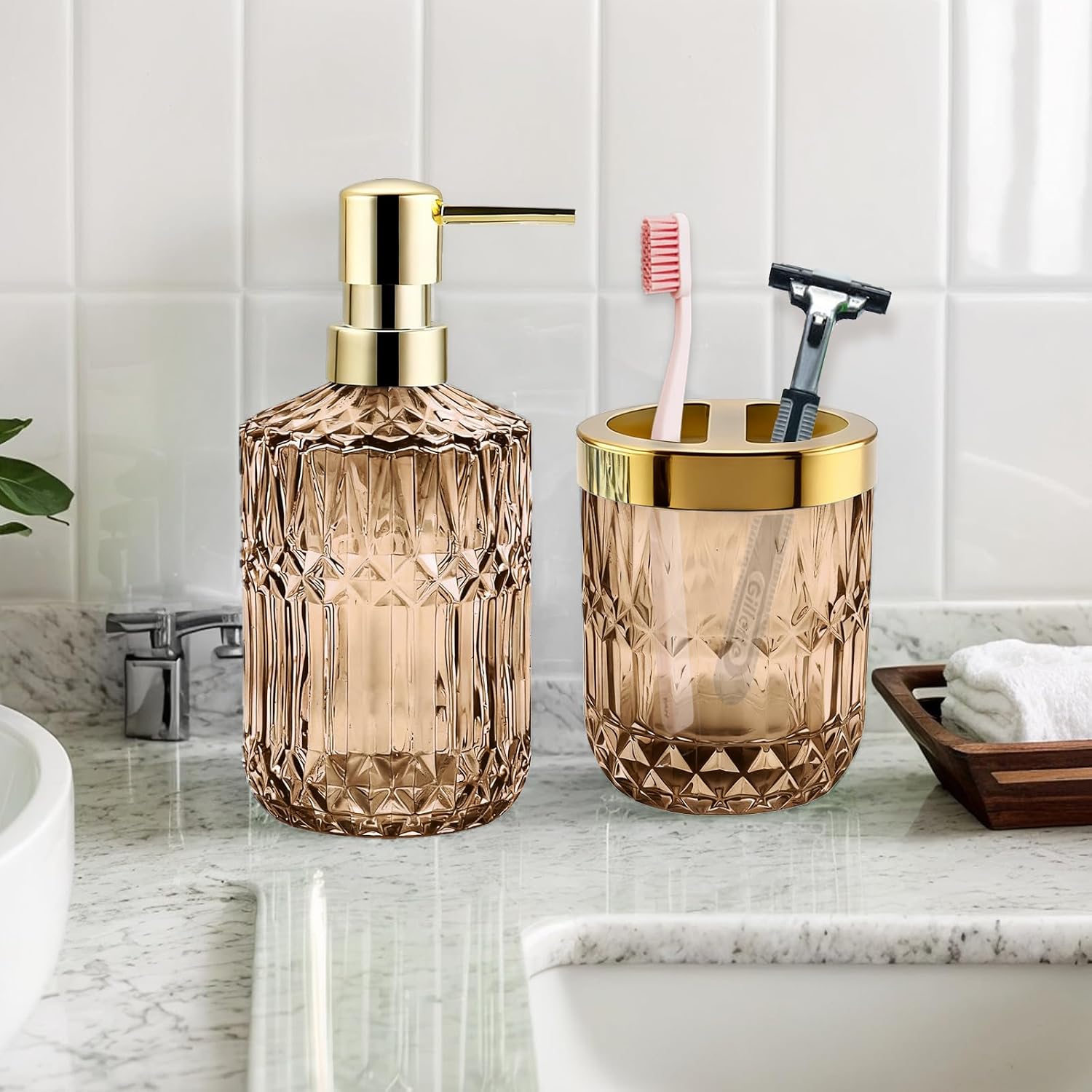 2PCS Brown Glass Bathroom Set, Soap Dispenser & Toothbrush Holder, Vintage