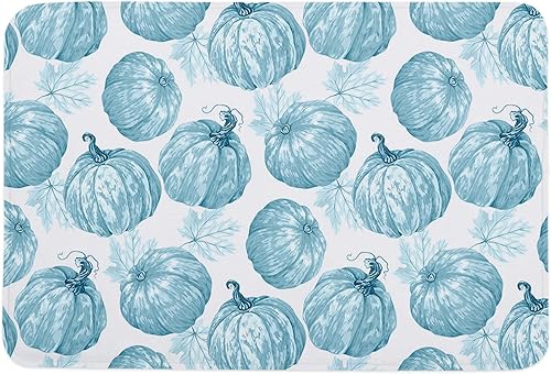 Pumpkin Durable Bath Mat, Entrance Front Door Rug Shoes Mat Sponge Carpet, Indoor Non Slip Floor Bath Mat - Blue Fall Pumpkins with Maple Leaves
