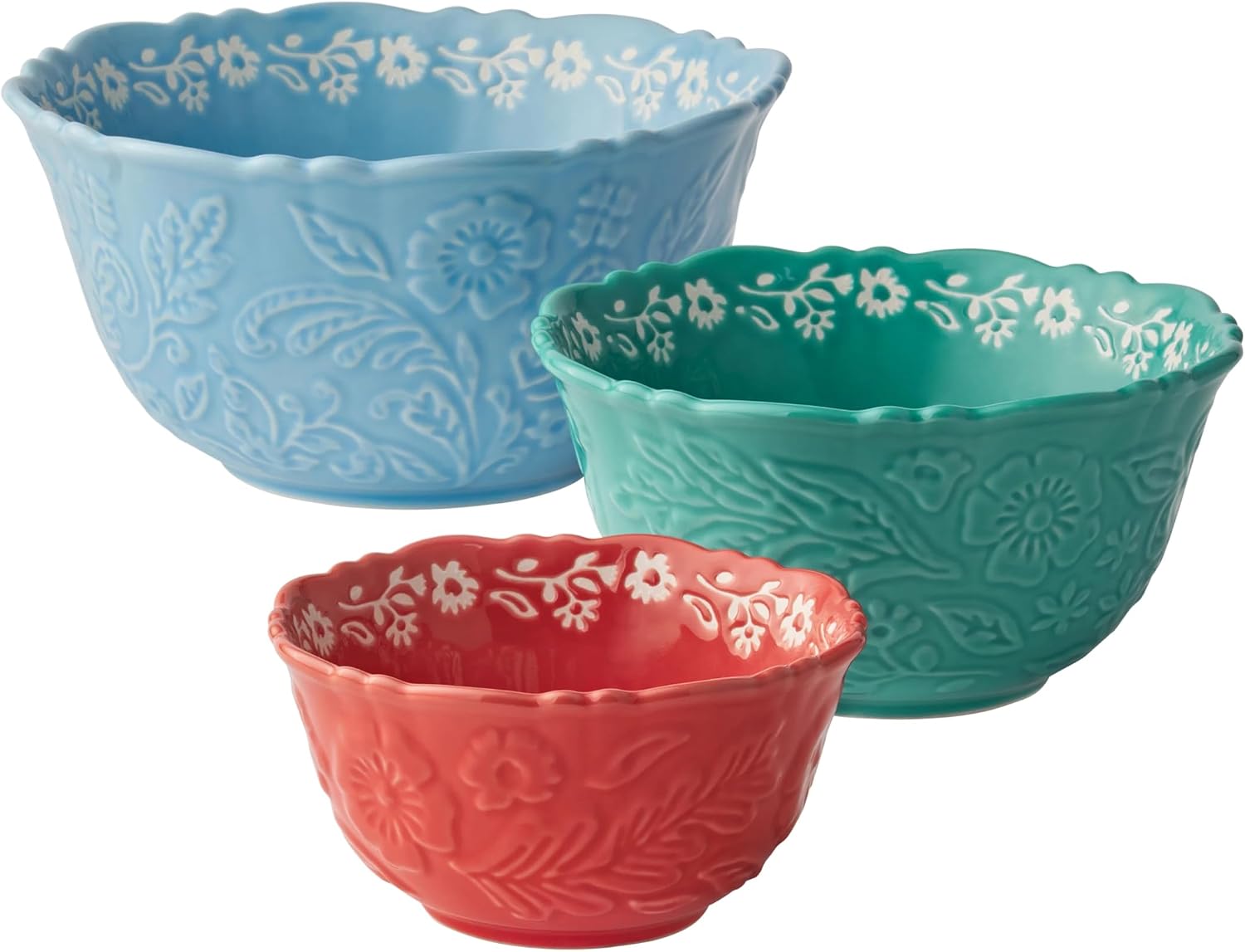 3-Piece Stoneware Serve Bowl Set – Large 10", 8", & 6" Diameter – Microwave Safe Ceramic Mixing Bowls for Salad, Popcorn, Snacks, or Serving – Nesting Space-Saving Design