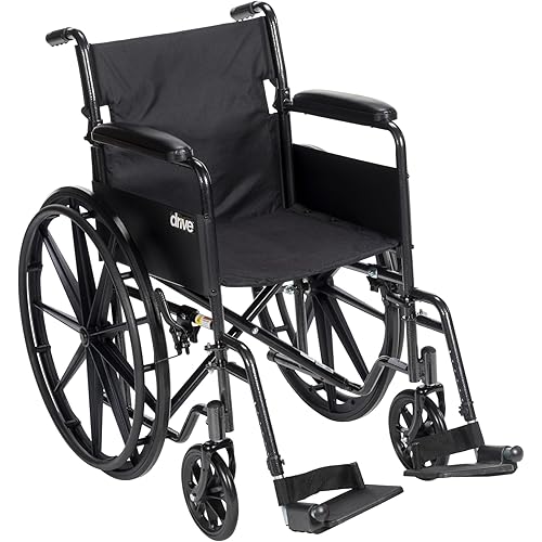 Drive Medical Silver Sport 1 Folding Transport Wheelchair - Lightweight Mobility Support - Full Armrests - Removable Swing-Away Footrests - Durable Steel Construction - Compact Folding Frame - Black