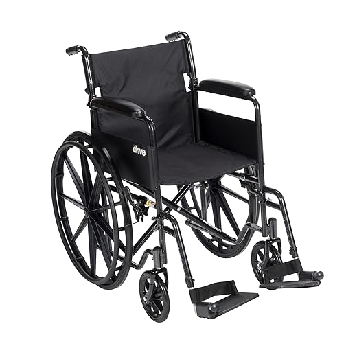 Drive Medical Silver Sport 1 Folding Transport Wheelchair - Lightweight Mobility Support - Full Armrests - Removable Swing-Away Footrests - Durable Steel Construction - Compact Folding Frame - Black