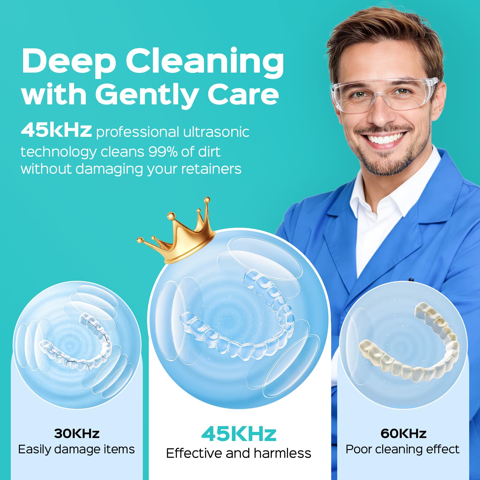 COSLUS Máquina limpiadora ultrasónica C60 de retenedor: cápsula de limpieza dental profesional de 45 kHz para prótesis, protector bucal, alineador y aparatos ortopédicos, limpieza profunda, tanque
