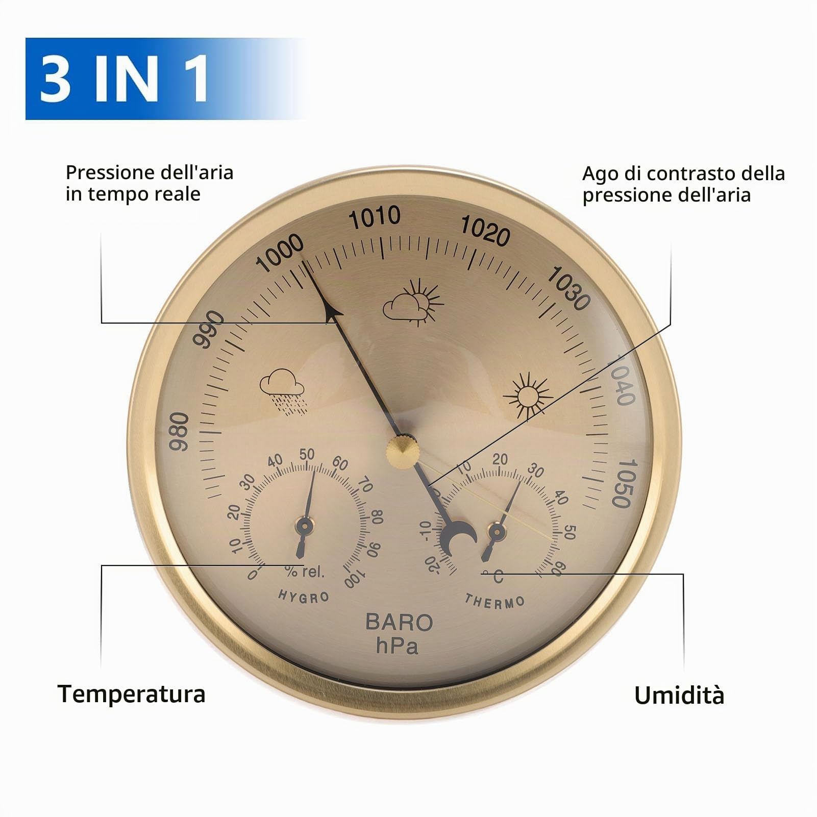 3 in 1 Igrometro Termometro a Barometro, 130 Mm/5 '' Stazione Meccanica Tipo di Grano Barometrico Calibri Barometrici per Casa, Ufficio, Pesca Interno Ed Esterno