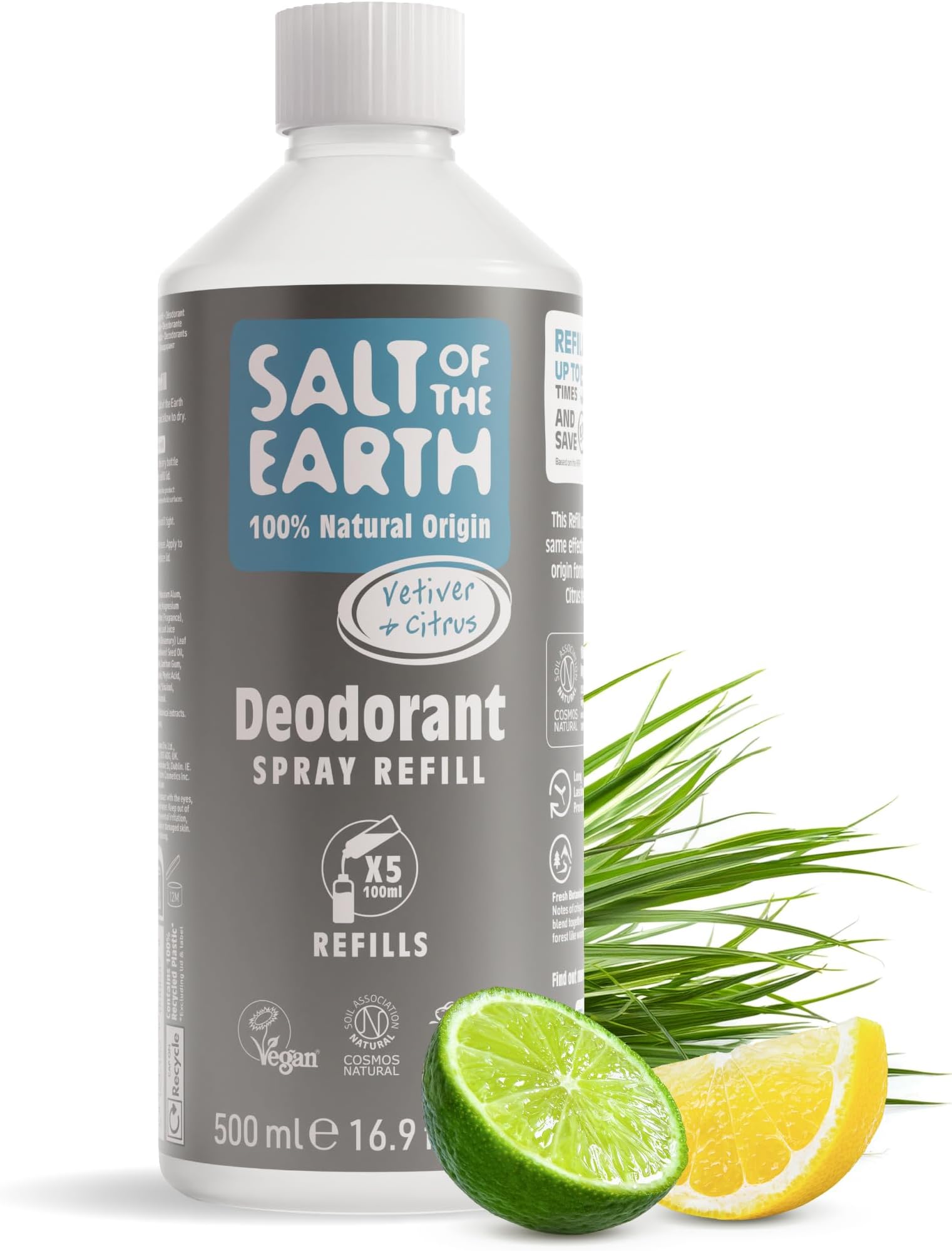 Salt of the Earth - Natural Deodorant Spray Refill - Certified Natural, Vegan, Long Lasting Protection, Leaping Bunny Approved, Made in the UK - 500ml (Vetiver & Citrus)