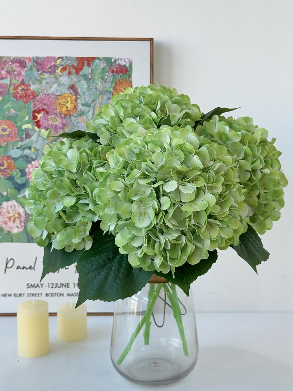 YalzoneMet 4Pcs Light Green Silk Hydrangea Artificial Flower Lifelike Big Blooms 20'' Long Stem Faux Hydrangea Flower Bouquets for Home Party Indoor Outdoor Wedding Table Centerpiece Decor