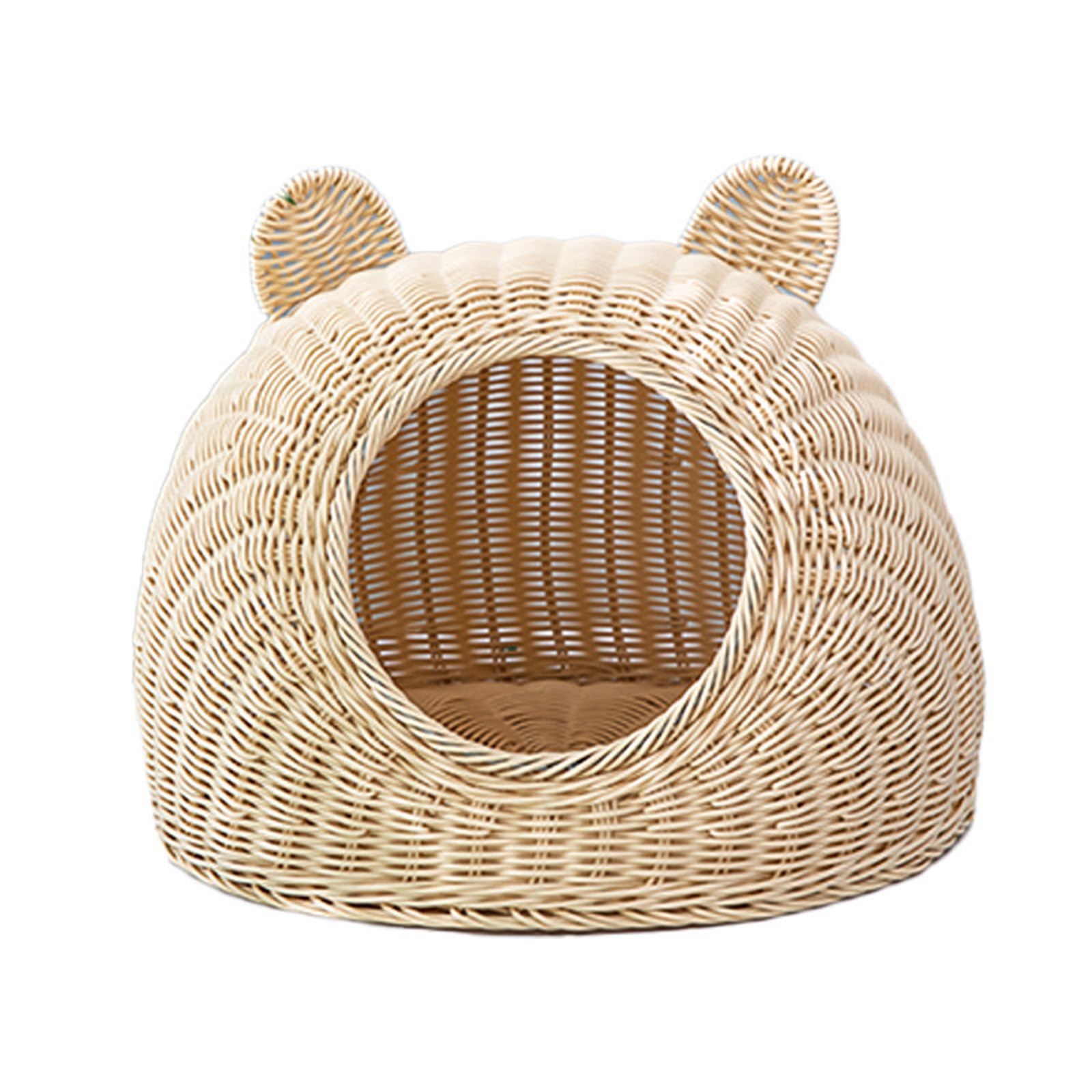 Cuccia Per Gatti in Plastica Di Vimini Per Gatti Domestici, Cuccia Per Con Orecchio Di Gatto Carino Grotta Tessuta A Mano Semichiusa Per Gatti in Rattan,Beige,29cm