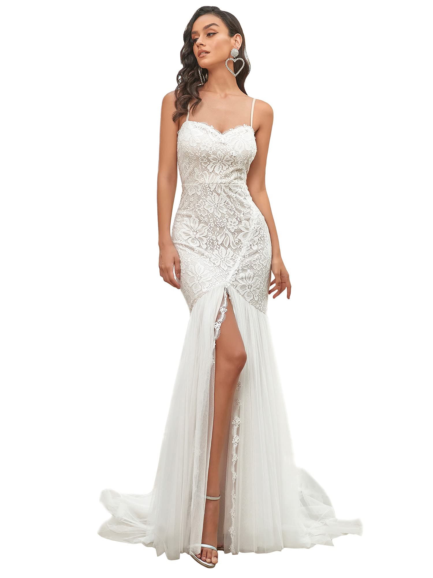 Ever-Pretty Vestito da Sposa Tracolla Regolabile Scollo a V in Tulle Bodycon Sirena Lunghezza del Piano da Donna con Cappella Treno EH90355