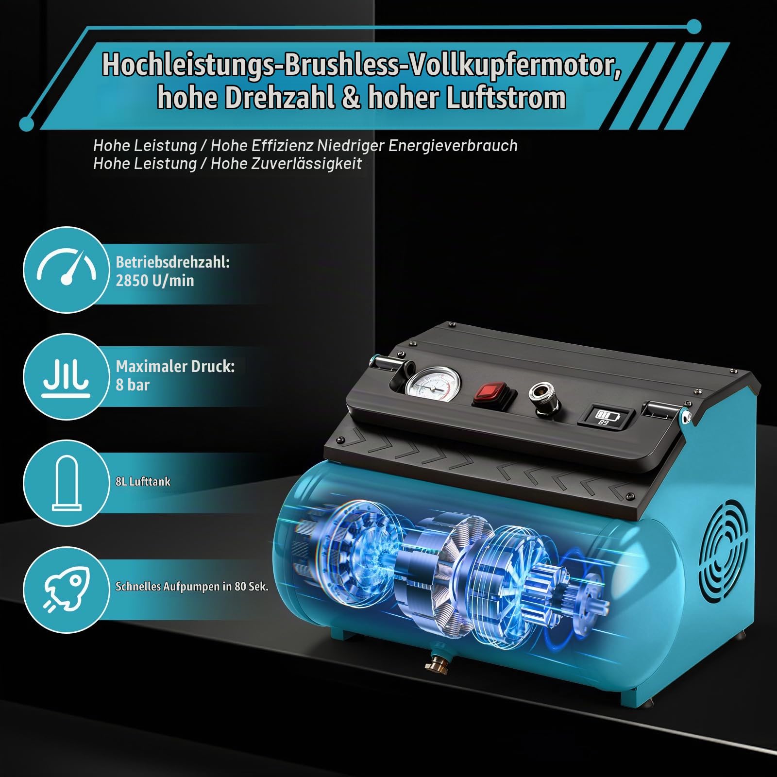 Akku Kompressor Druckluftkompressor Kompatibel mit Makita 18V, 8L Luftkompressor 8bar Arbeitsdruck mit Batterieanzeige Bürstenloser Motor, Schnell Aufblasen (Ohne Batterie & Ladegerät)
