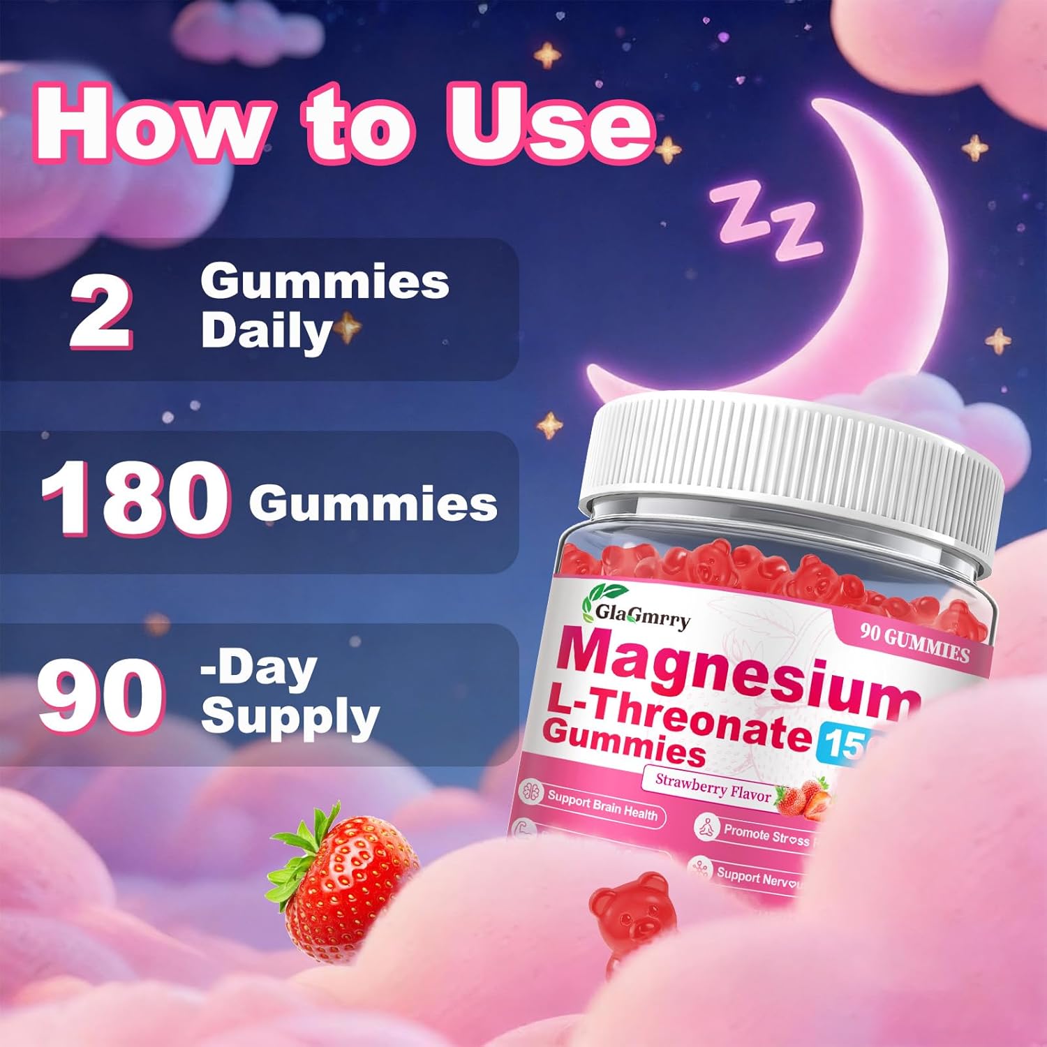 180 Count Magnesium L-Threonate Gummies, High Absorption Magnesium Threonate Supplement for Adults & Kids, Support Brain Health, Memory, Focus, Restful zzZ & Muscle, Sugar Free, Vegan, Non-GMO