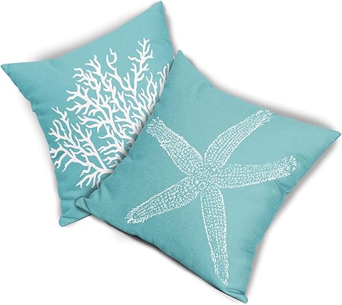 Miniatura 2 de Juego de 2 fundas de almohada de estrellas de mar verde azulado de 20 x 20 pulgadas  20.0 x 20.0 in., color coral costero, fundas de almohada