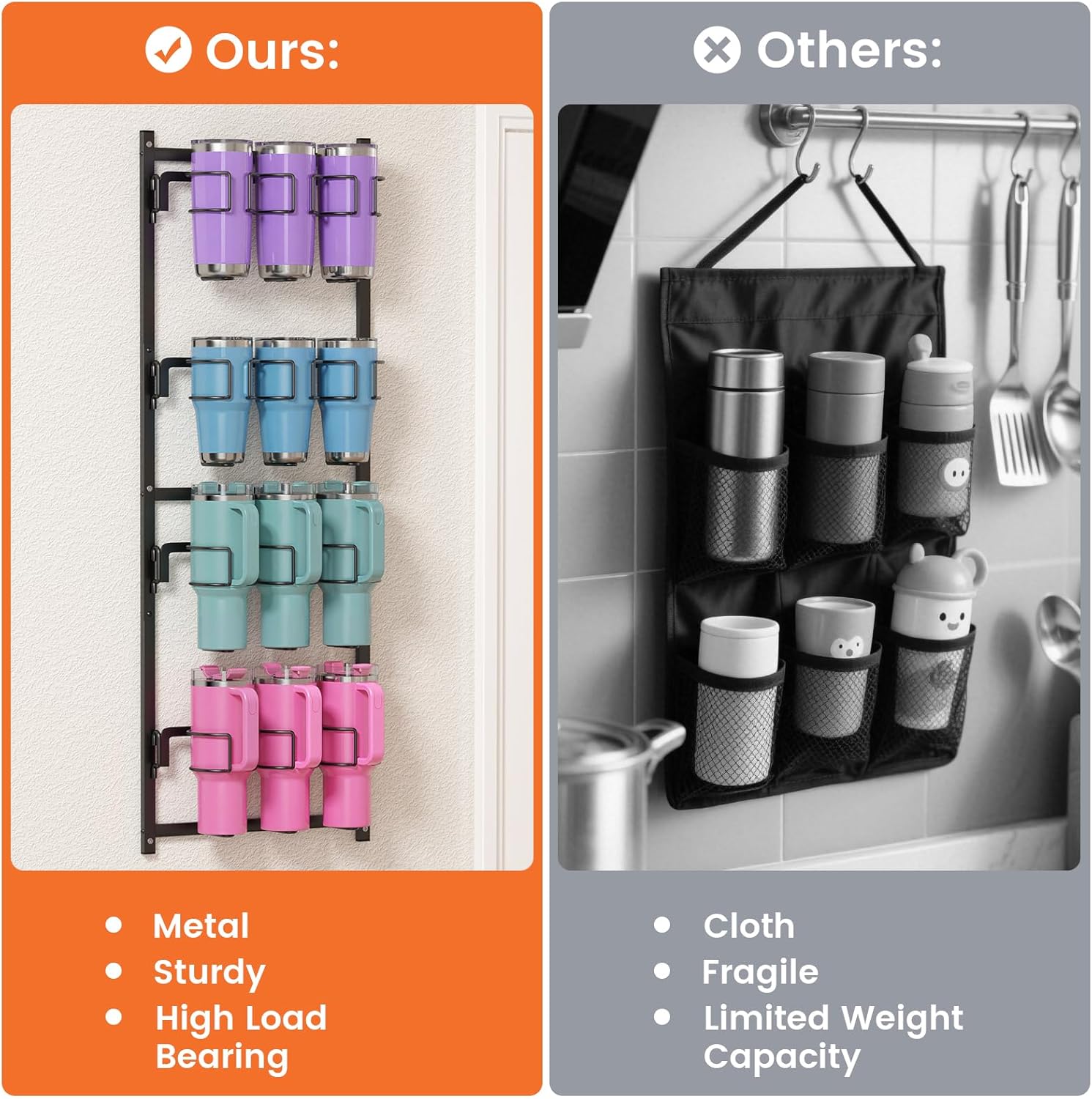 Housolution Water Bottle Organizer, 4 Tier Heavy Duty Metal Tumbler Storage Organizer for 10 to 40 oz Cups, Wall/Door Mounted Hanging Cup Holder Rack Compatible with Stanley and Other Brands - Image 4