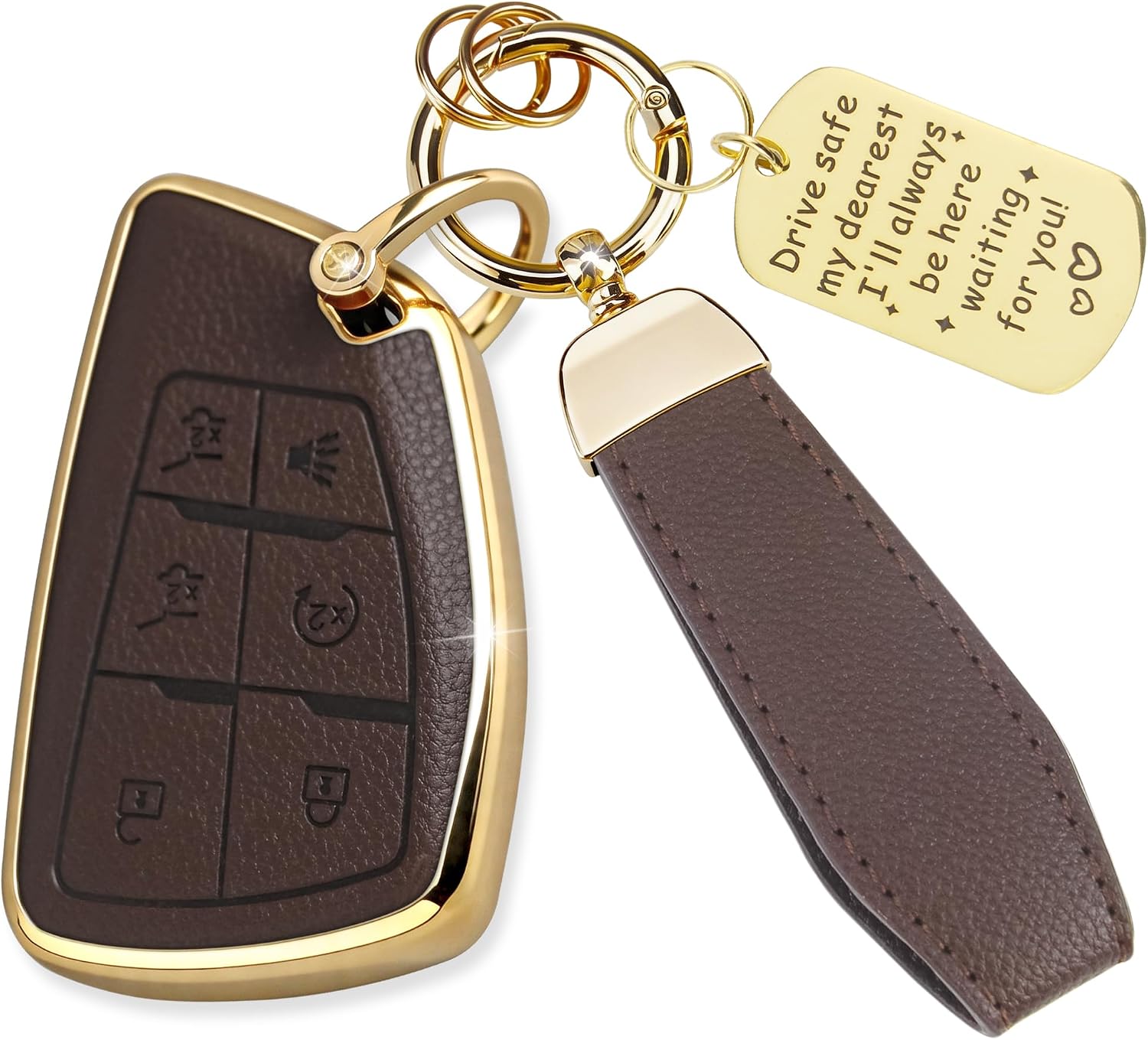 Soft TPU & Leather Key Fob Cover Compatible with Chevy Suburban Tahoe GMC Yukon Yukon XL 1500 Yukon Denali, with Keychain & Metal Blessing Tag (6 Button Brown)