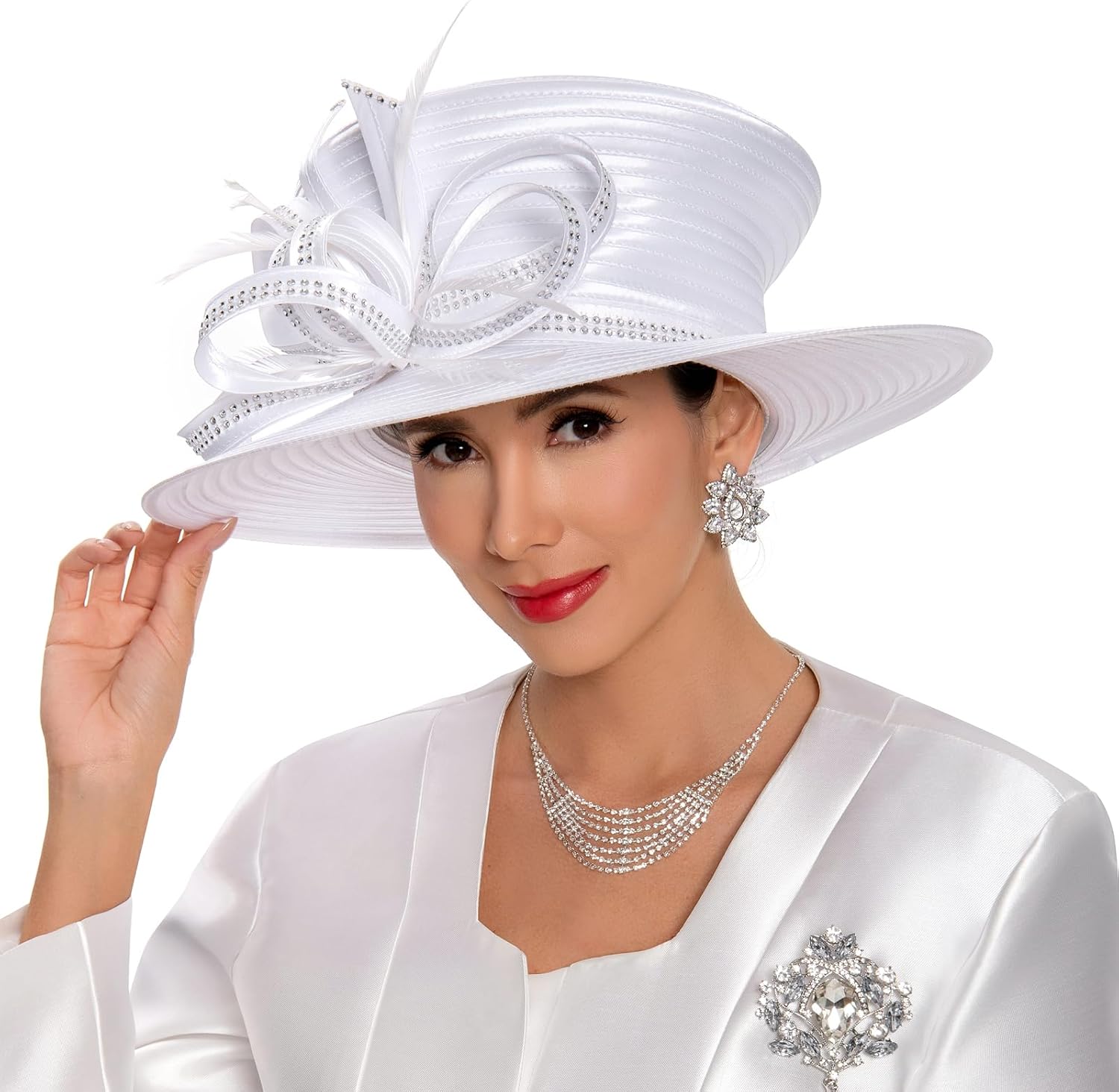 Women's Church Hat for Baptism Wedding Wide Brim Rhinestone Fascinator Sunday Chapel Tea Party Hat