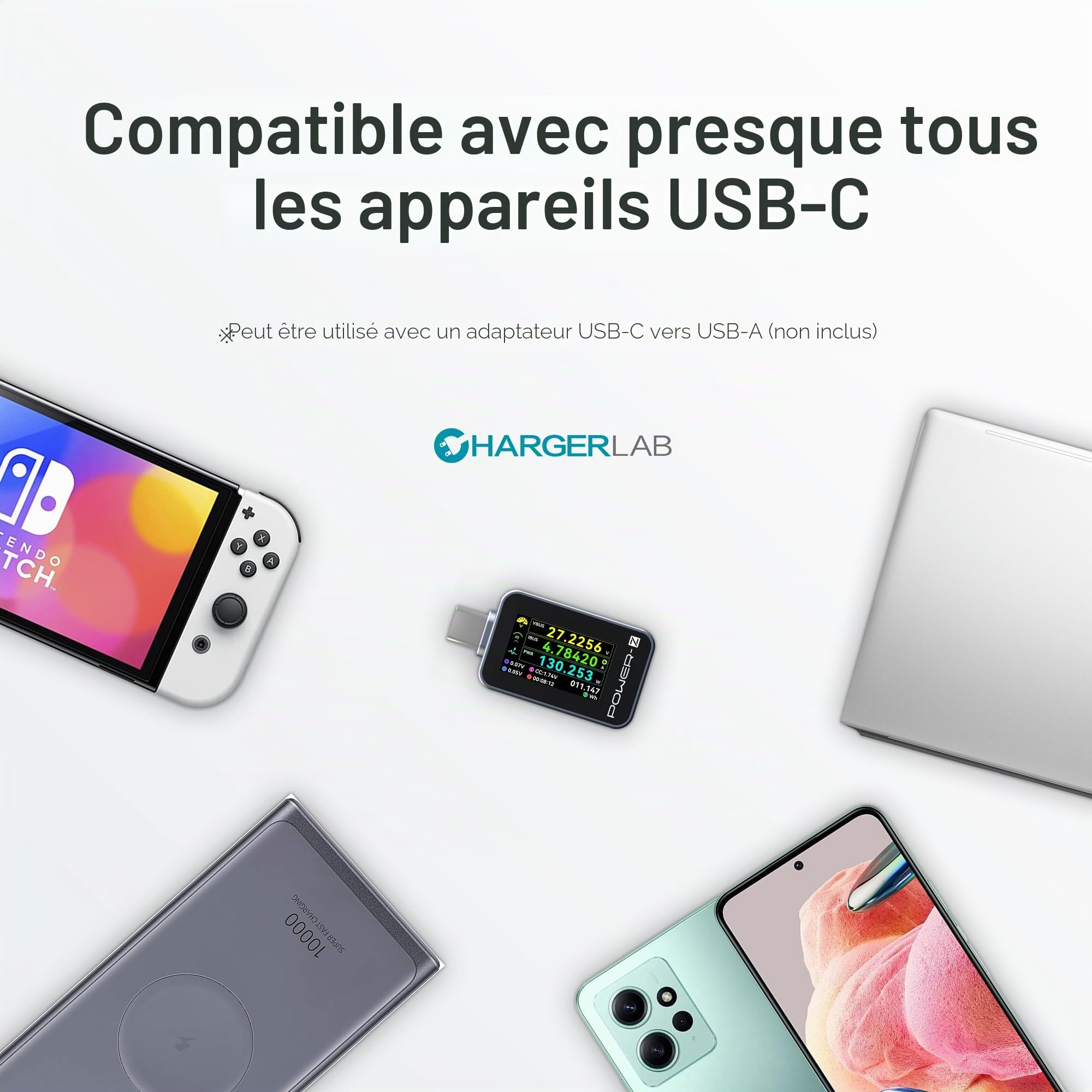 ChargerLAB Power-Z C240 Testeur de puissance numérique portable USB-C, prend en charge jusqu'à 240 W et PD3.1 QC5.0, pour téléphones USB-C, ordinateurs portables, chargeurs et plus encore