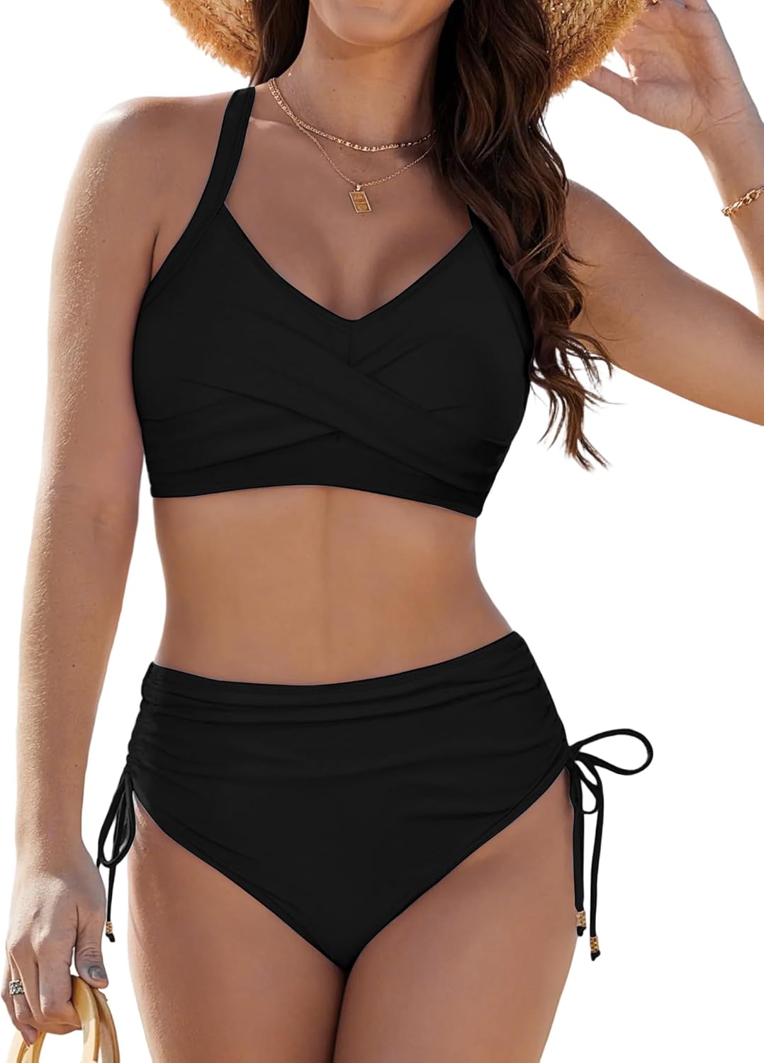 Womens Two Piece High Waisted Bikini Sets Crisscross Tie Back Bathing Suit Drawstring Tummy Control Swimsuits