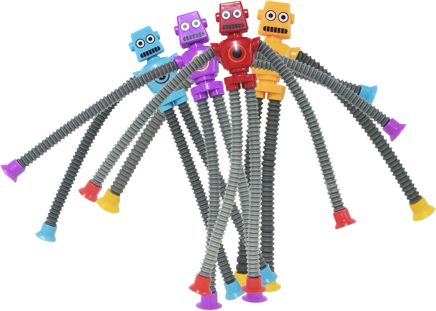 Set of 4 Valentines Day Gift for Kid Toddlers Boy Year Old Age 3 4 5 6 7 8, Set of 4 Flexible Fidget Toys, Telescopic Suction Cup & Pop Tube Robot, Autistic Easter Basket Christmas Stocking Stuffers