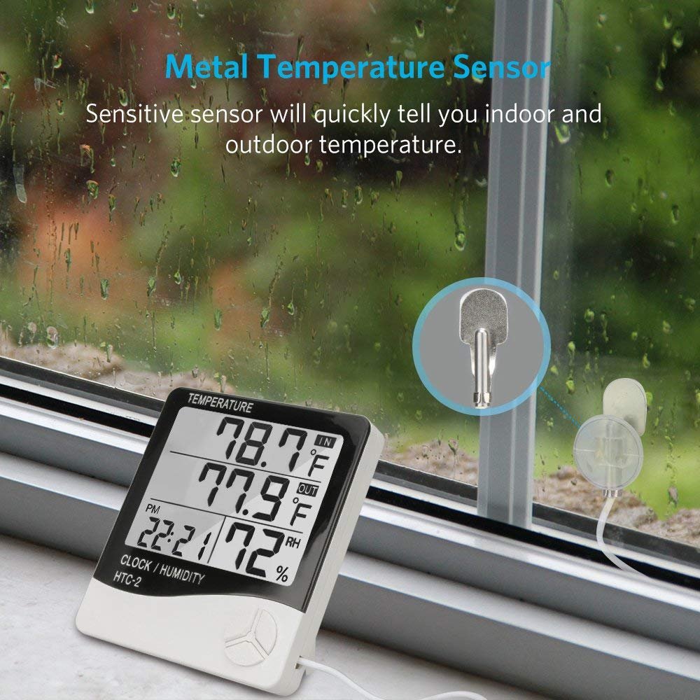 Digital Thermometer Hygrometer Indoor Outdoor Temperature Meter Humidity Monitor with LCD Alarm Clock, 1M Probe Cord Temperature Humidity Gauge for Bedroom Greenhouse Garage Warehouse,Fahrenheit or Ce image 5