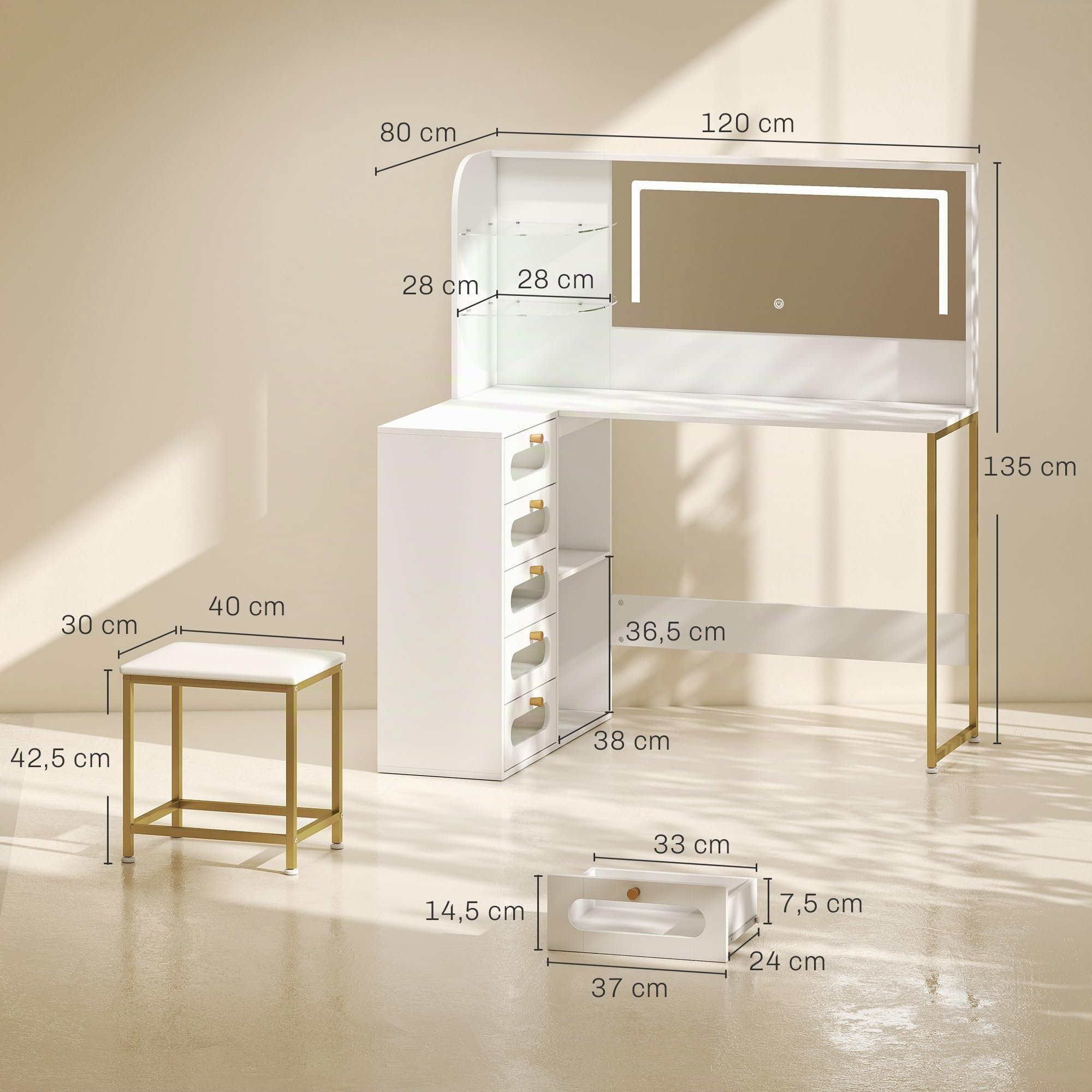 HOMCOM Tocador de Maquillaje con Espejo LED Regulables Taburete Blanco