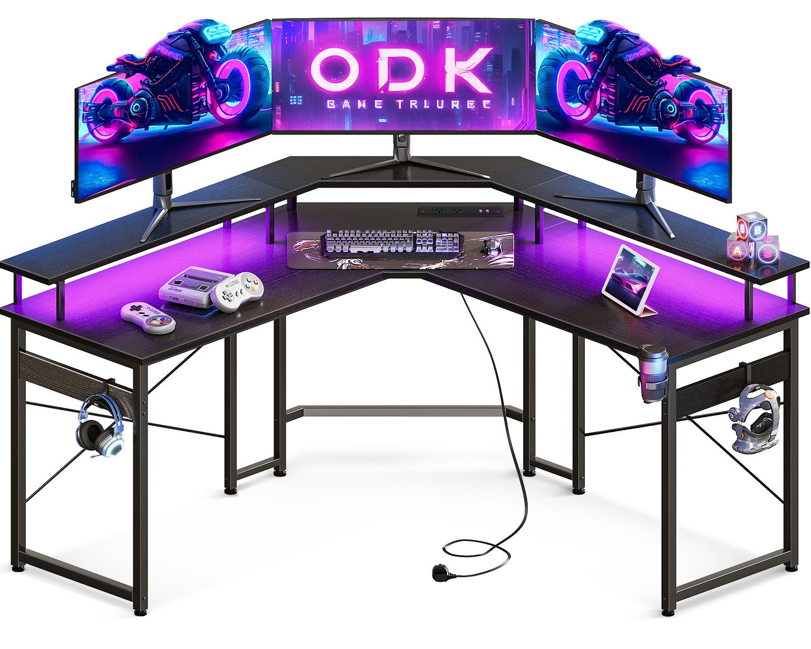 ODK L Shaped Gaming Desk with LED Lights&Power Outlet,129 * 129 * 76cm Computer Desk Gaming Table with Large Monitor Stand, Headphone Hook, Metal Legs, Black - Black