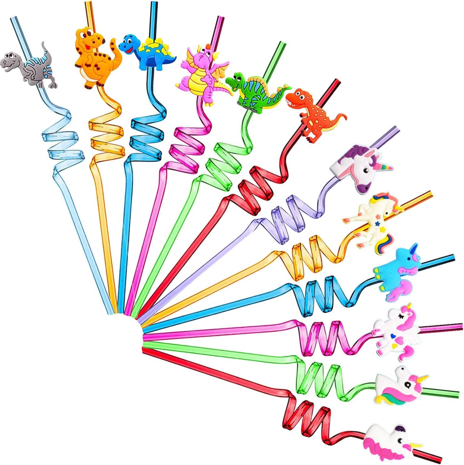 ULIFEMALL Reusable Drinking Straws Unicorn Dinosaur Cartoon Straws Colorful Curved Plastic Straws Dino Birthday Party Supplies Party Favors Decorations for Kids, Family or Party Use - Pack of 12