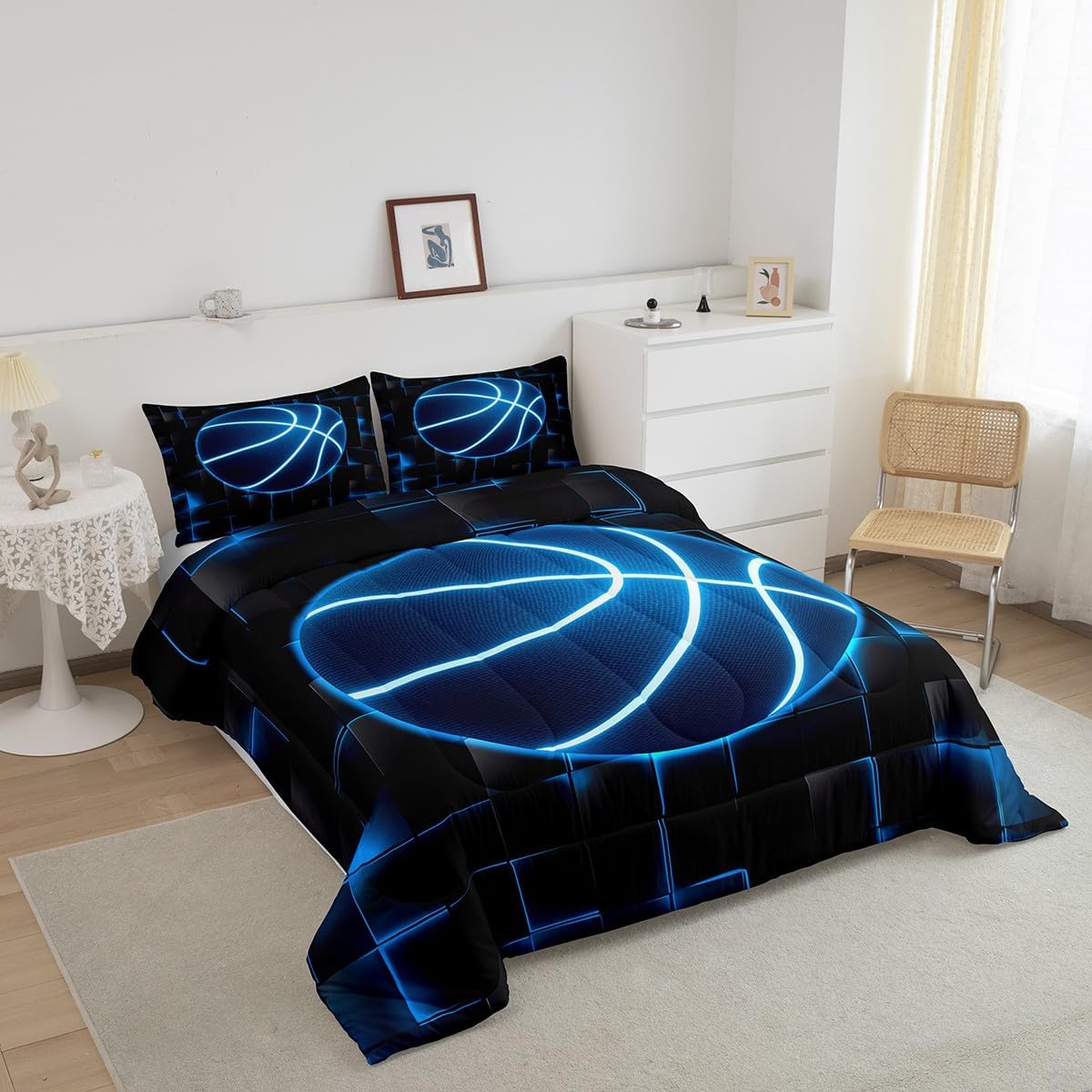 Feelyou Basketball Comforter Set Full Size Kids Gaming Sports Comforter for Boys Teens Blue and Black Bedding Set Geometric Honeycomb Duvet Set Room Decor Quilt Set - Image 2