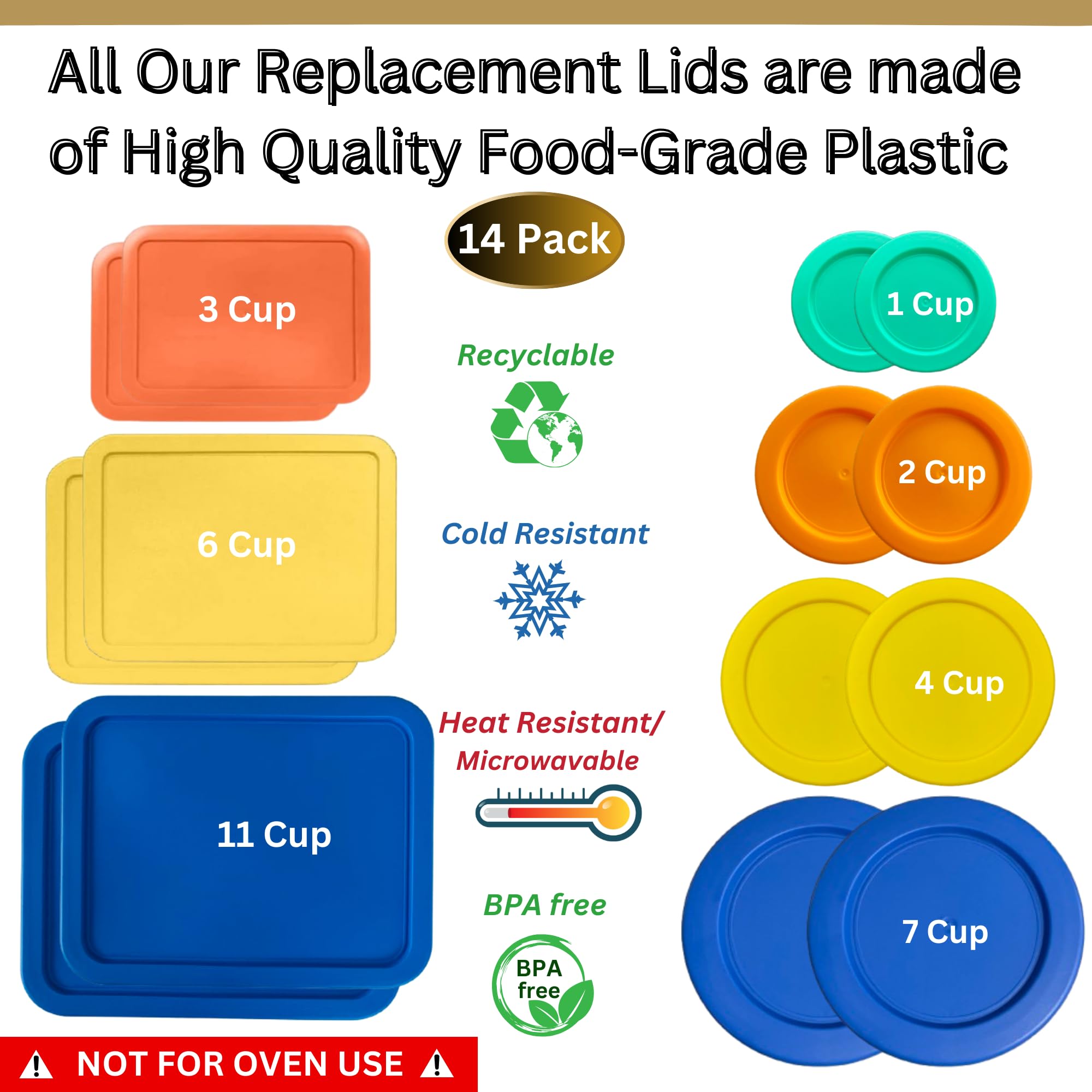 1, 2, 4 & 7 Cup Round & 3, 6, 11 Cup Rectangle Replacement Lids/Covers for Pyrex, Anchor Hocking & KlareWare Storage Bowls *Lids Only -Glass Container Not Included*, 14 Pack *2 of Each Size*