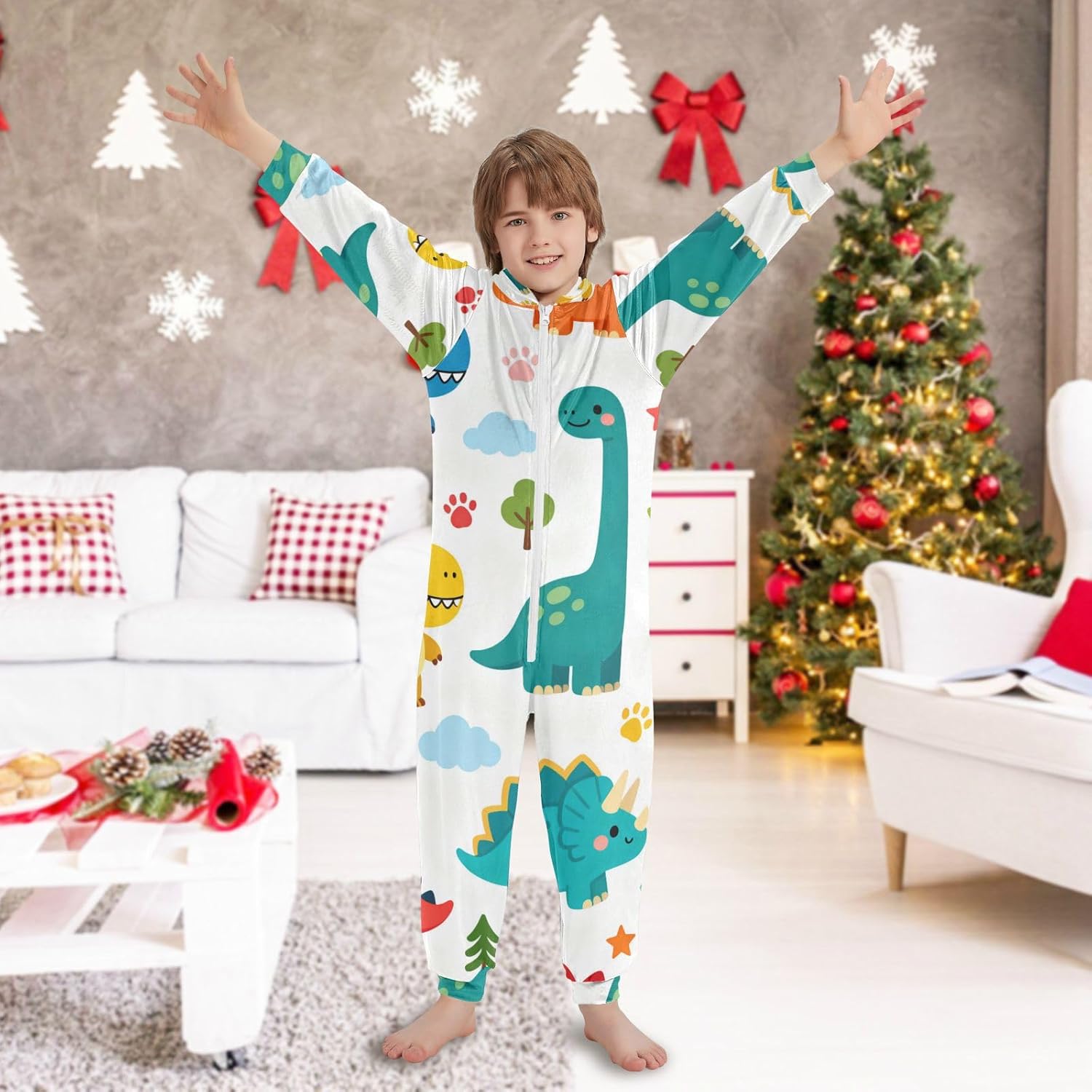 Cartoon Cute Colorful DinosaurPajamasZipper Hooded Christmas Costumefor Parties Sleepovers