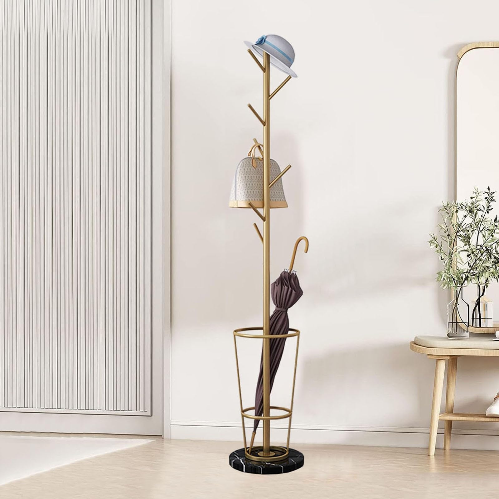HYLYGFH Entryway Umbrella Stand with Coat Rack Space Saving Design Multiple Hooks Solid Marble Base