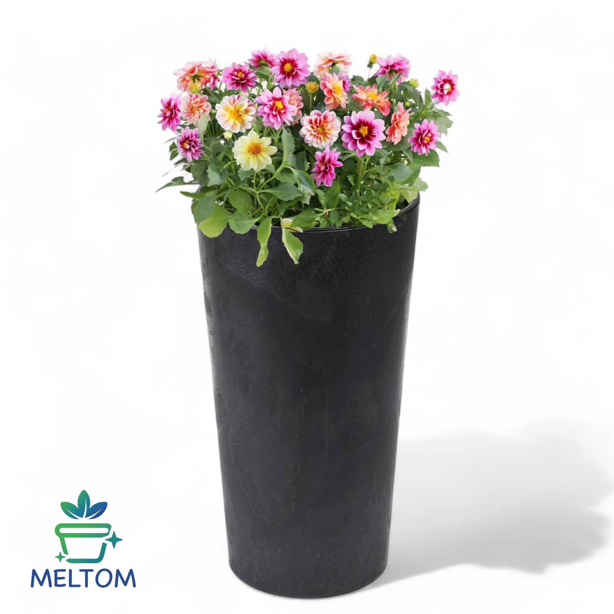 MELTOM Blumenkübel Rund Betoneffekt mit Herausnehmbaren Einsatz Blumentopf Pflanzenkübel Indoor & Outdoor Schwarz XXL 75 cm