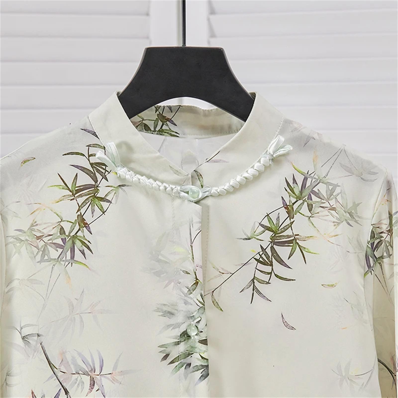 Blusas de estilo chino vintage para mujer, con cuello redondo, estampado floral de seda