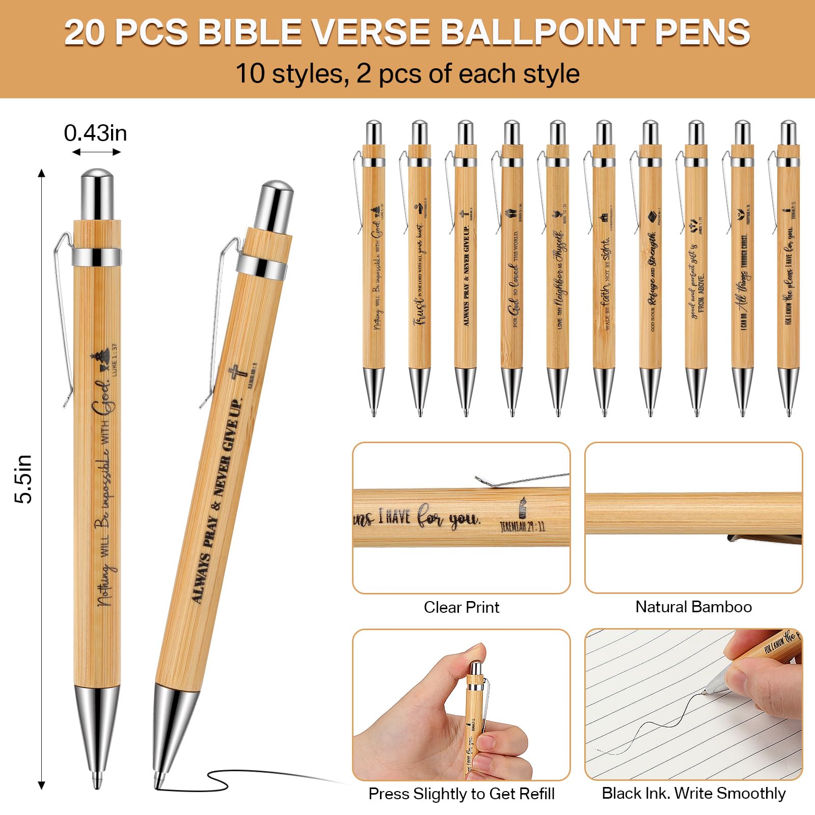 Sayglossy 40-teiliges christliches Geschenk-Set enthält 20 Spiralnotizbücher, 20 Bibel-Kugelschreiber, Bibelnotizen, Notizbuch, inspirierende Bambusstifte, Kirchengeschenke in Großpackung, für