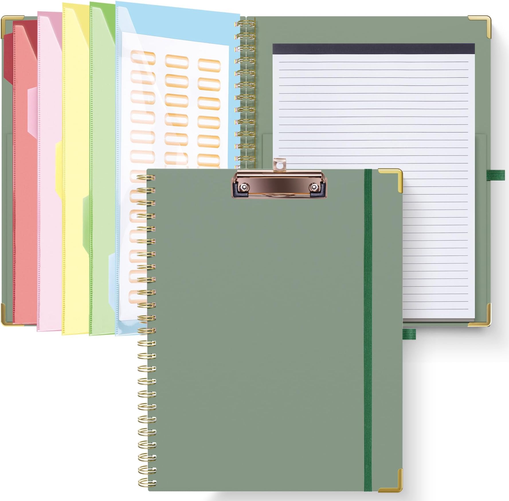 HAUTOCO Clipboard Folder with Replaceable Lined Notepad, Spiral Clipboard A4 with 5 Folder Dividers Storage Pockets, Nurse Pad Portfolio Organiser A4 Folio Clip Board for Office School, Green