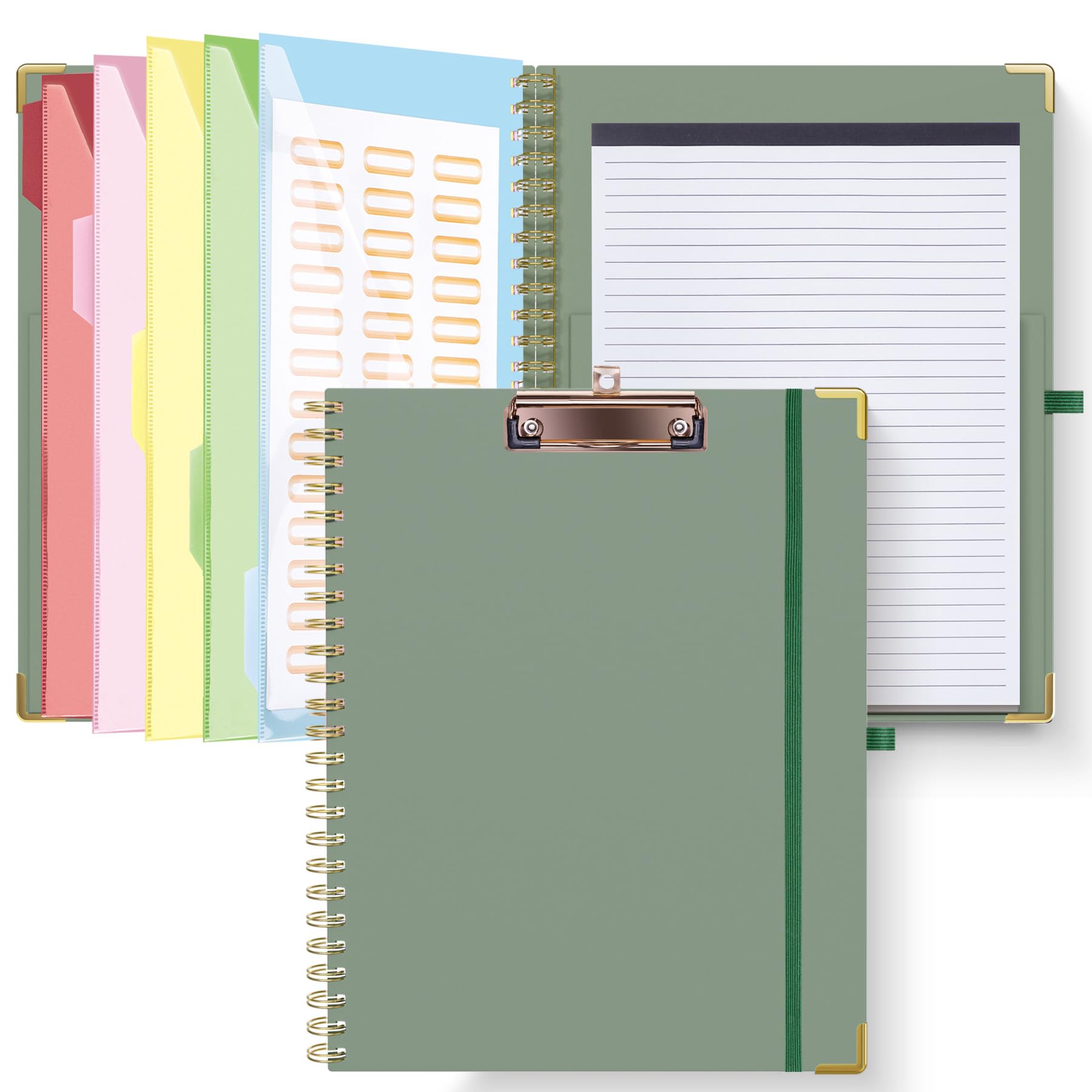 Clipboard Folder with Replaceable Lined Notepad, Spiral Clipboard A4 with 5 Folder Dividers Storage Pockets, Nurse Pad Portfolio Organiser A4 Folio Clip Board for Office School, Green