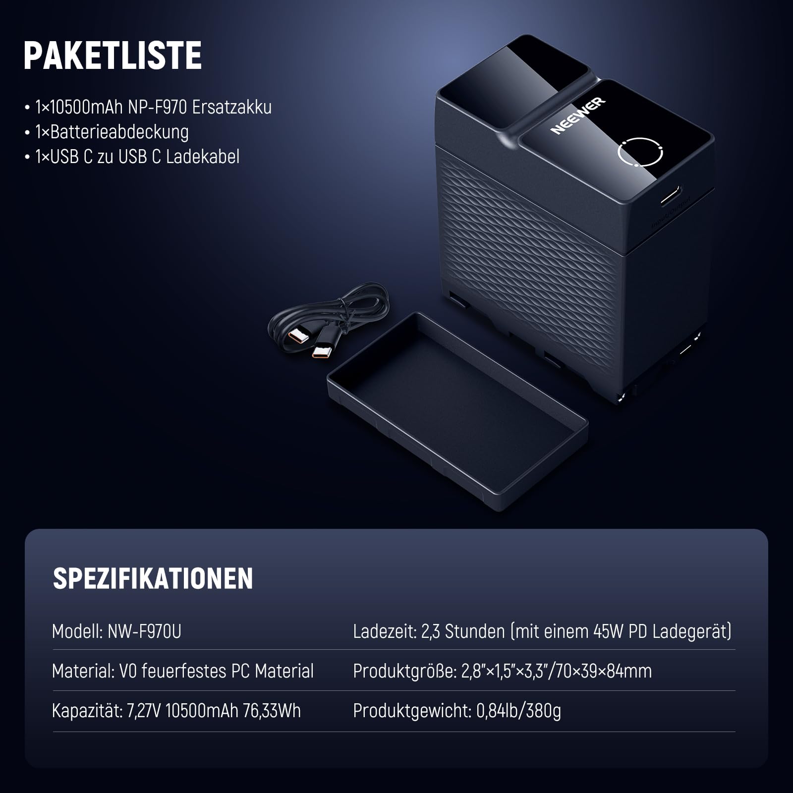 NEEWER 10500mAh NP-F970 Battery Kamera Akku Ersatzakku, PD 45W Schnellladung, OLED/USB A/USB C, für Camera Monitor Kompatibel mit Sony FX3 FX30 A7IV A7SIII Canon R5 R6 Nikon Z8, NW-F970U