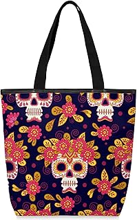Sacolas de lona com zíper e bolso interno, bolsa de ombro feminina casual bolsa de mão com estampa de flores de caveira, bolsas de compras reutilizáveis de cozinha, bolsas de lona para uso para sacolas de livros, sacolas de compras, sacolas de presente, Multicor