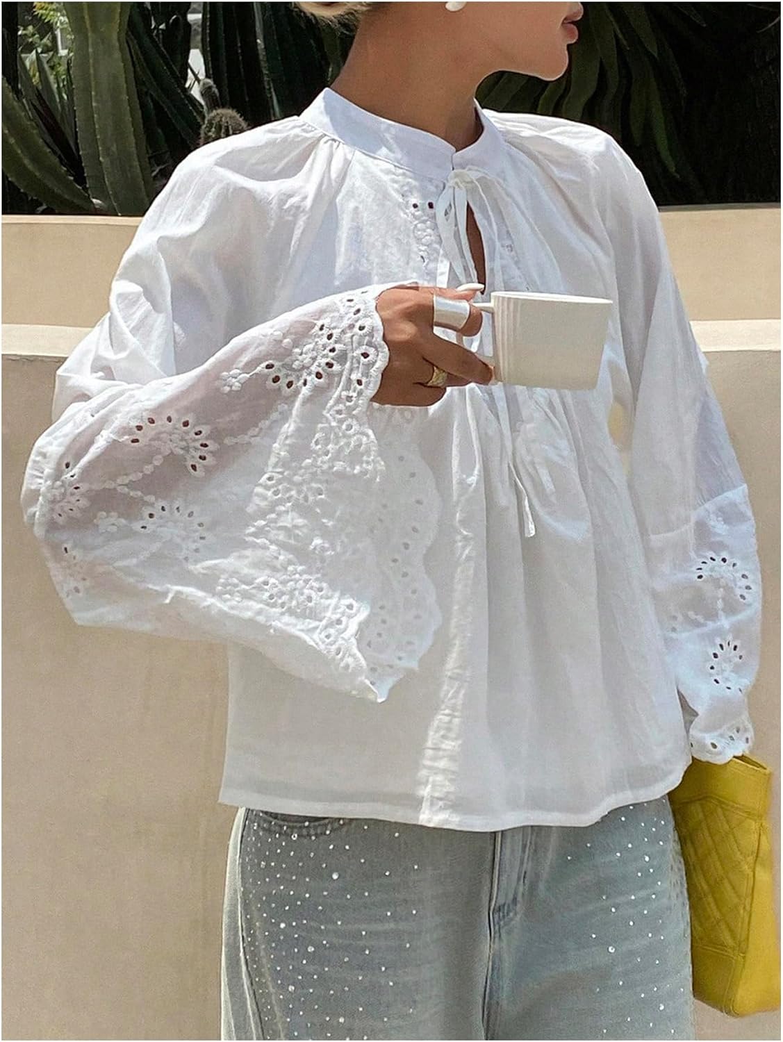 GORGLITTER Women's Bell Long Sleeve Boho Embroidered Peasant Tops Eyelet Blouses Tie Front Flowy Shirts Dressy Casual Outfits - Image 3