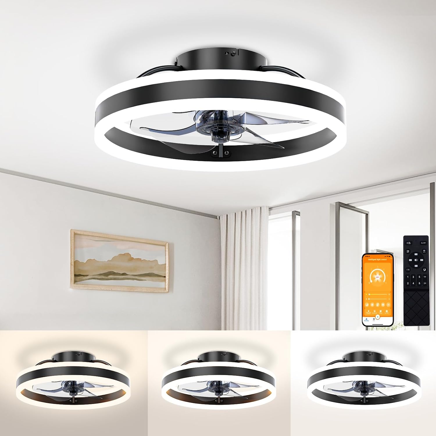 VOLISUN Fandelier Ceiling Fans with Lights and Remote, 15.7in Low Profile Ceiling Fan Flush Mount, 3000K-6500K Dimmable Bladeless LED Fan Light, Black