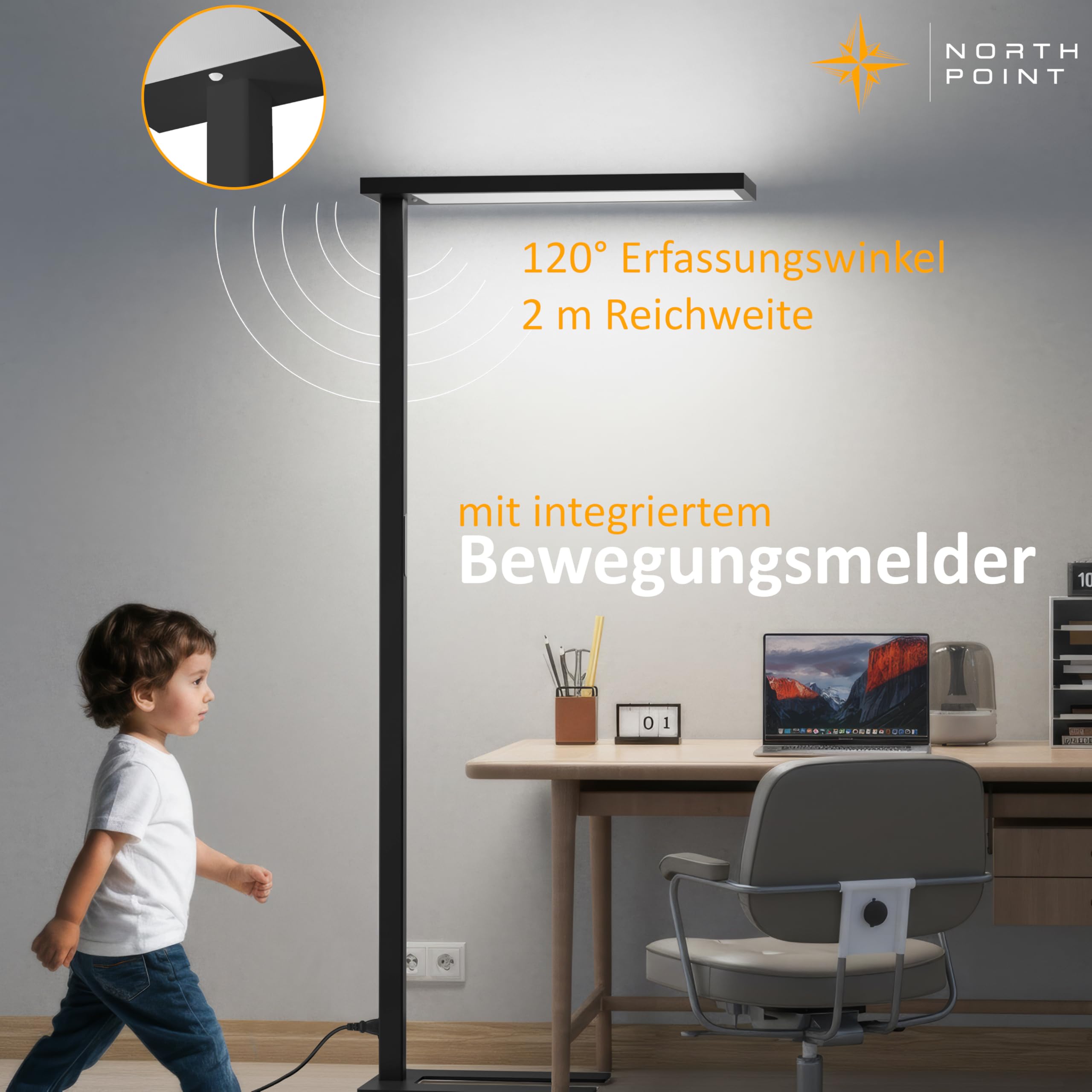 Northpoint LED Stehlampe 100W Büro-Standleuchte mit Bewegungsmelder & Touchsteuerung – 5800 Lumen, 4000K Tageslichtweiß, dimmbar, Favoritenmodus, Timer Büro- & Wohnzimmerlampe (schwarz)