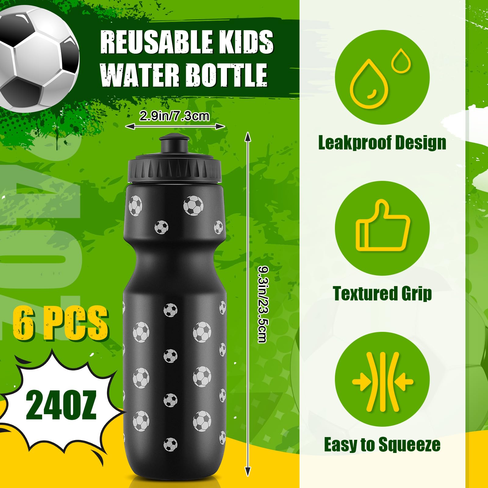 12 botellas de agua de fútbol de 24 onzas para fiestas de fútbol, regalo para equipo con bolsa de cordón, vaso, taza, accesorios temáticos deportivos para suministros de regalo de eventos 3