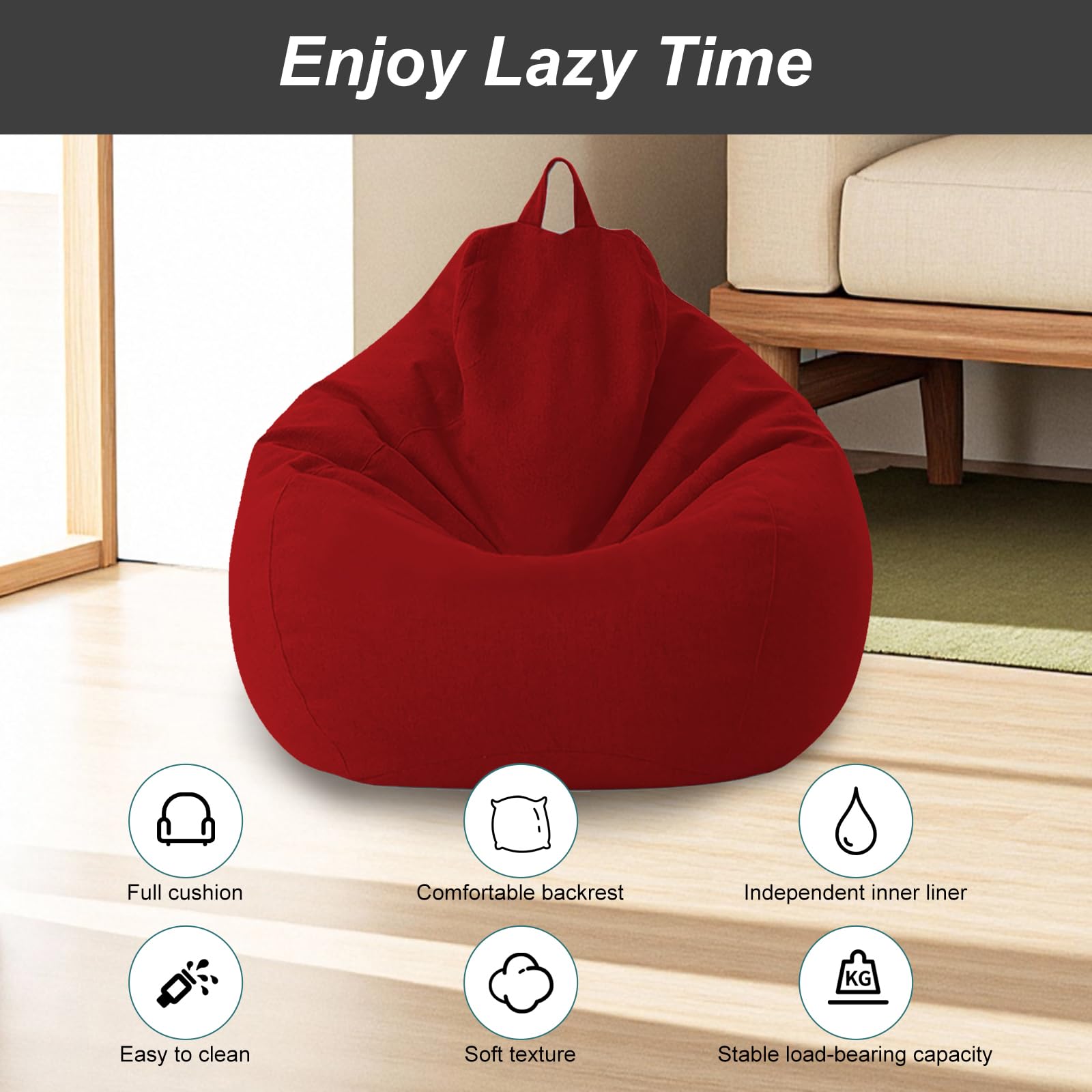Poltrona Sacco XL, Bean Bag Con Manico, Pouf Sacco Adultes, Solo Rivestimento (Senza Imbottitura) Per Poltrona Pouf, 100 x 120 cm (Rosso)