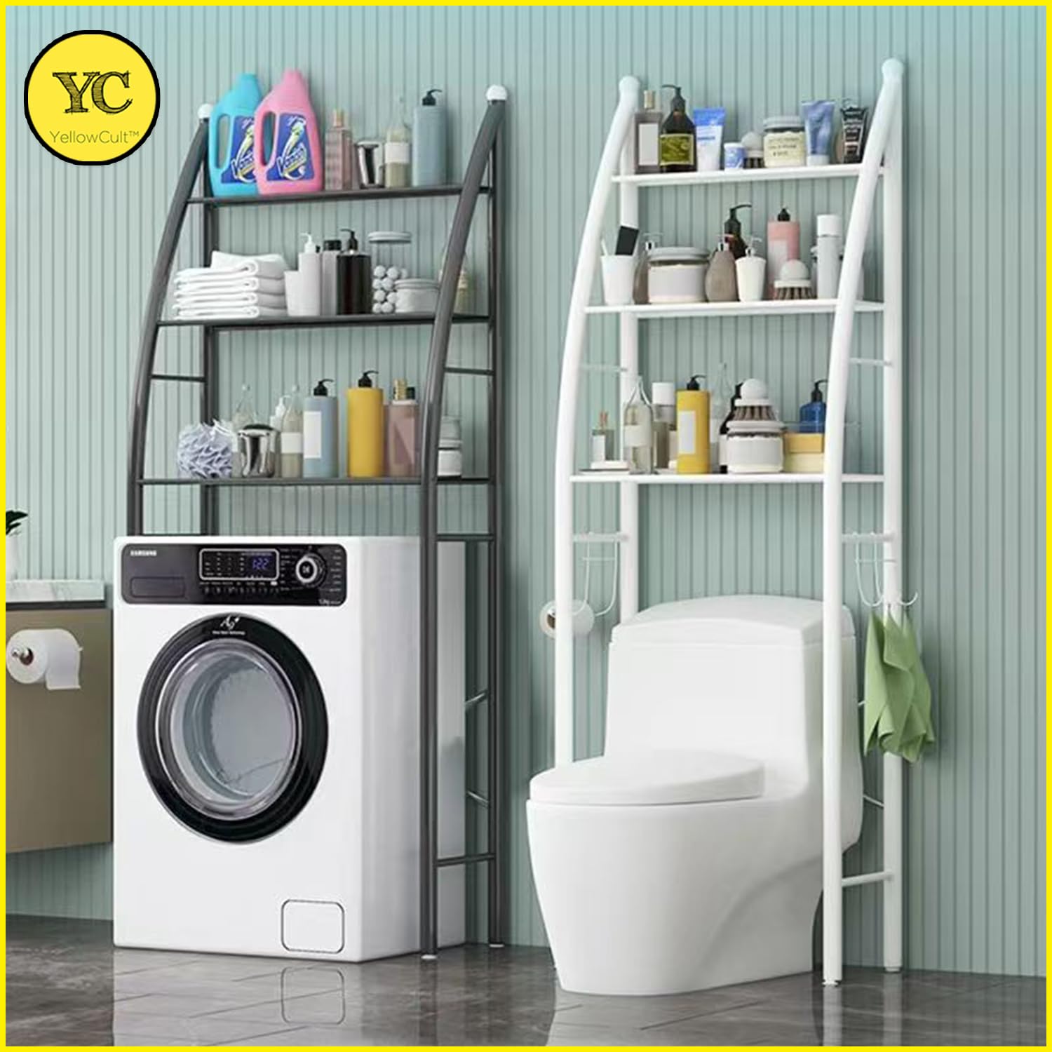 YellowCult Over The Toilet Storage Rack – 3 Tier Bathroom Shelf Organizer Stand with Hooks & Adjustable Metal Frame Space Saving Toilet Rack for Bathroom Essentials Plants Towels Paper Toiletries 2