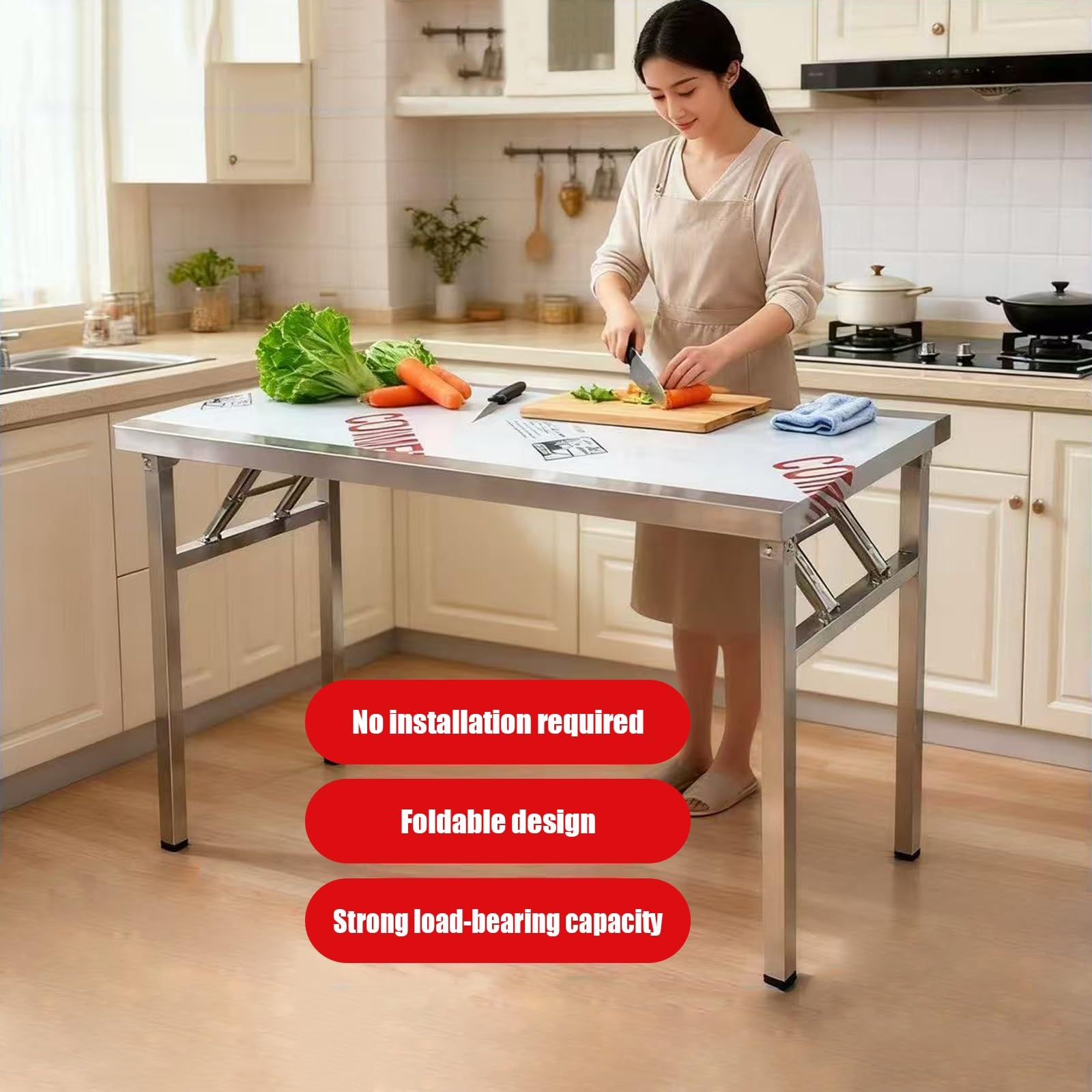 Mesa de trabajo plegable de acero inoxidable resistente, mesa de preparación multiusos para cocina, al aire libre, camping, lavandería, parrilla, preparación de alimentos y almacenamiento (100 x 60 x