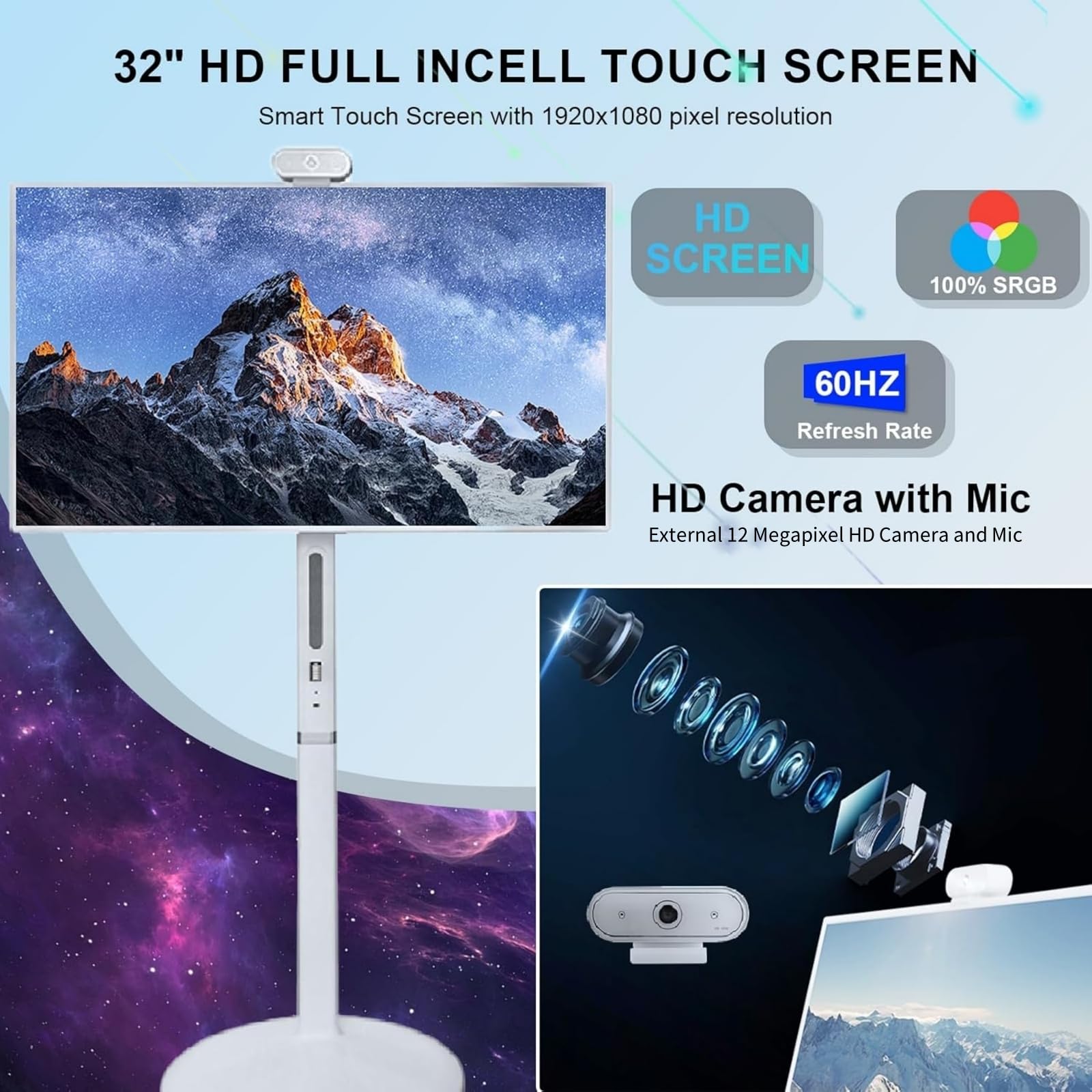 Schermo intelligente portatile con fotocamera HD da 12 megapixel, monitor portatile da 32 pollici 1080p con touch screen compatibile con Google Play Store e Android