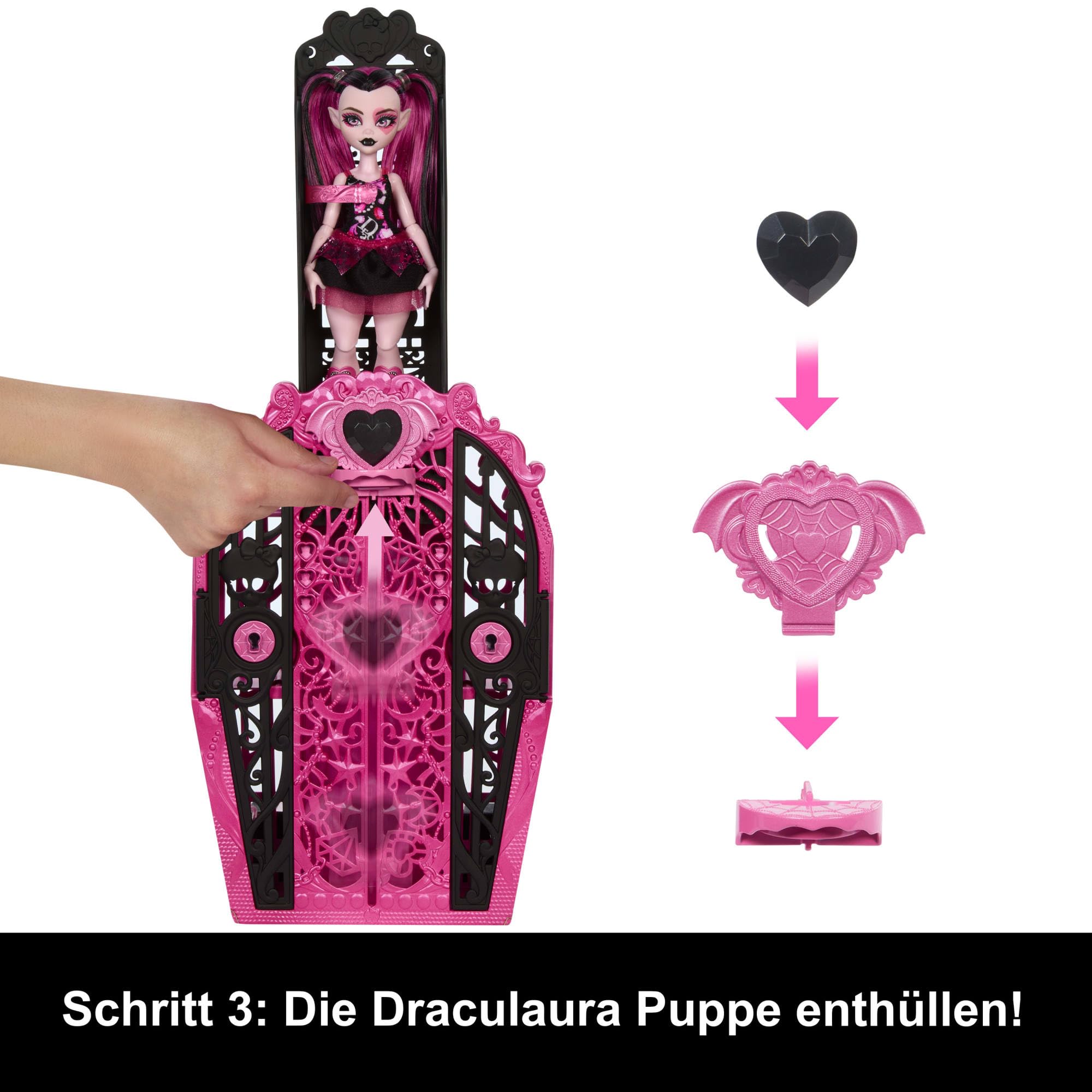 Monster High Skulltimate Secrets Puppen- und Accessoire-Set, Monster Mysteries Draculaura mit Kleiderschrank und mehr als 19 Überraschungen inklusive Puppenkleidung, HXH84