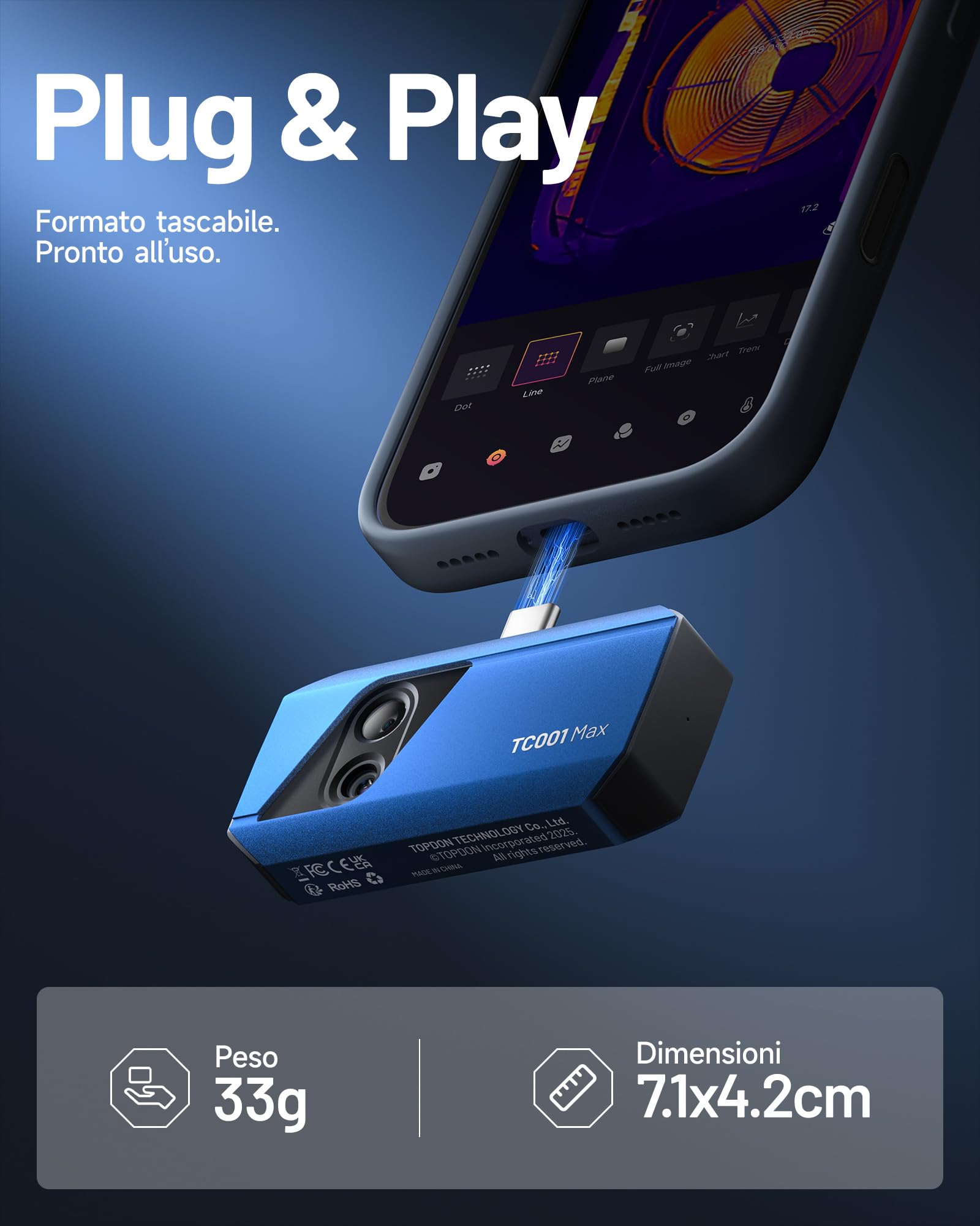 TOPDON Termocamera TC001 Max per Android e iPhone,512x384 TISR Risoluzione con 1,5 MP Cámara Visual, Telecamera Termica USB-C de Doble Lente, -20℃ a 550℃, Precisione 0.1℃, Frequenza 25Hz, 40mK